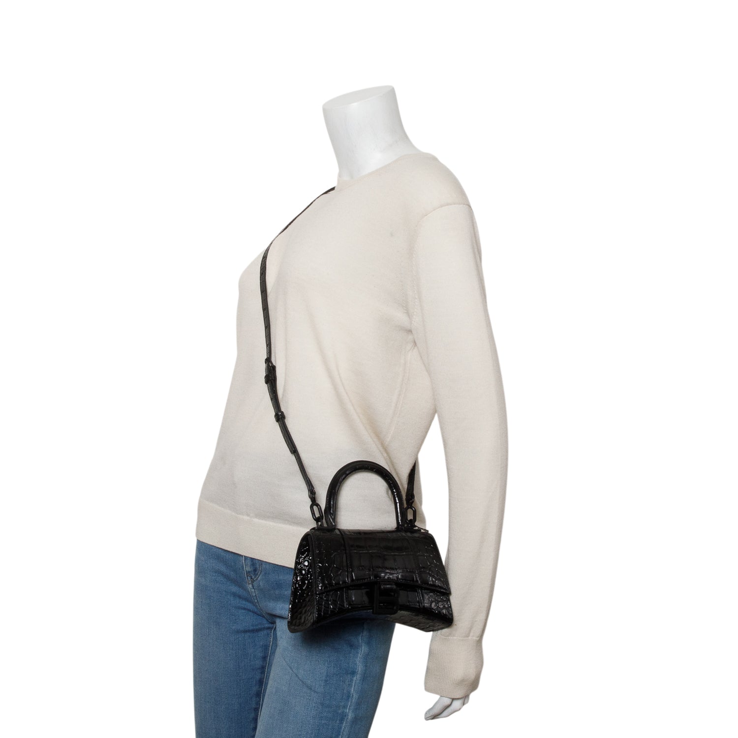 Balenciaga Black Shiny Calfskin Croc-Embossed Leather XS Hourglass Top Handle Bag w/ Strap