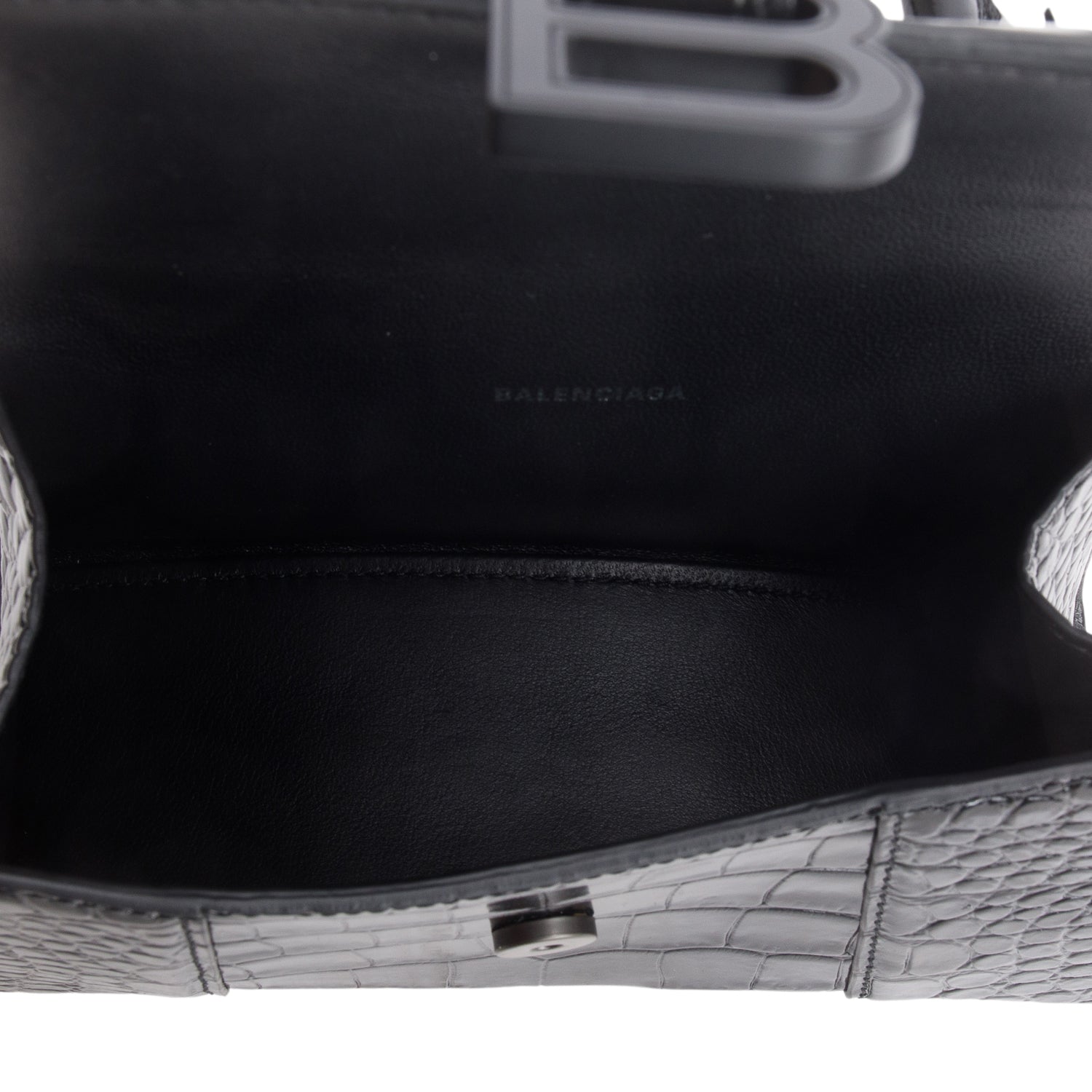 Balenciaga Black Shiny Calfskin Croc-Embossed Leather XS Hourglass Top Handle Bag w/ Strap