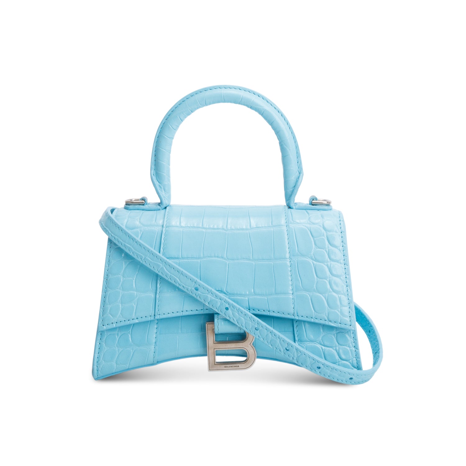 Balenciaga Blue Shiny Calfskin Croc-Embossed Leather XS Hourglass