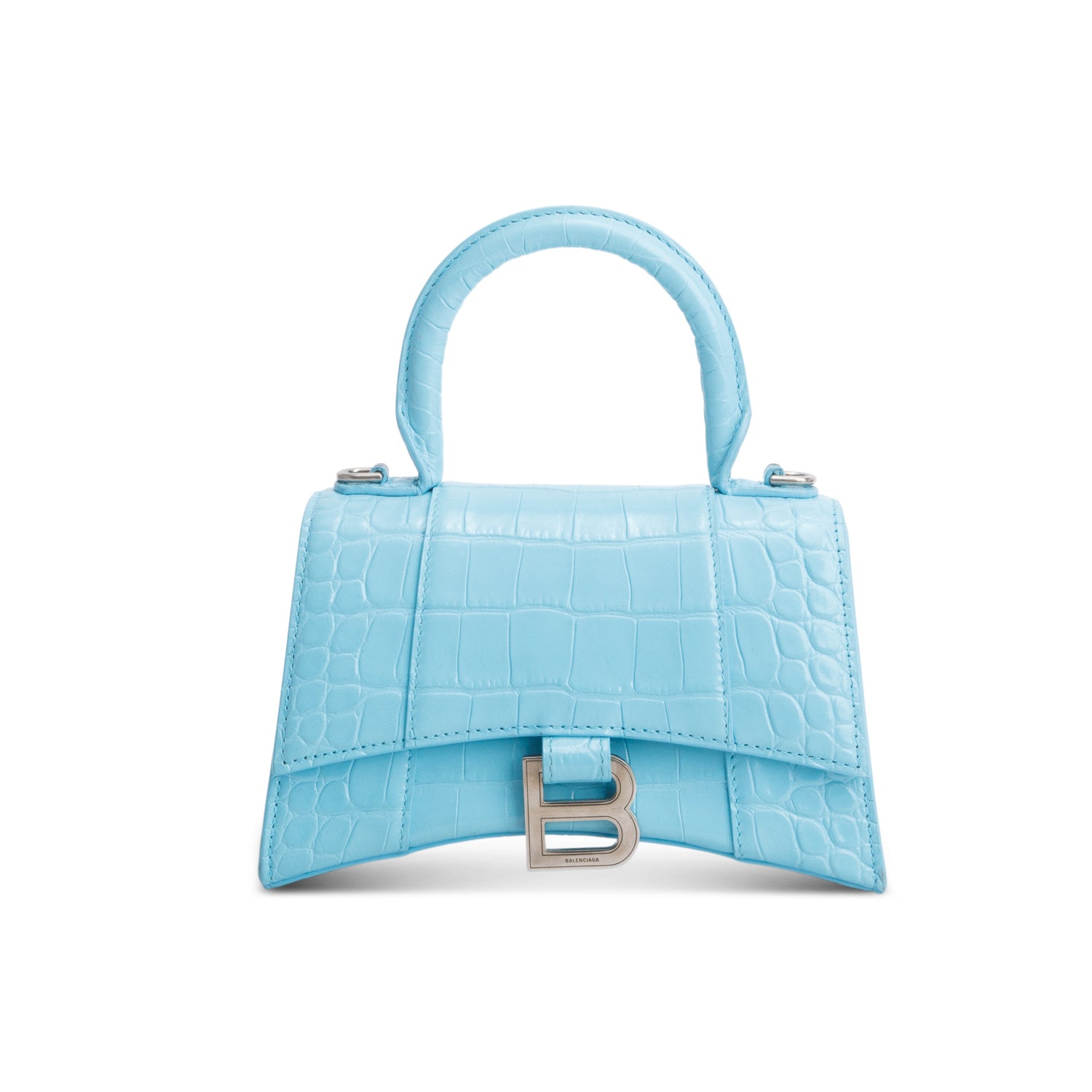 Balenciaga Blue Shiny Calfskin Croc-Embossed Leather XS Hourglass Top Handle Bag w/ Strap