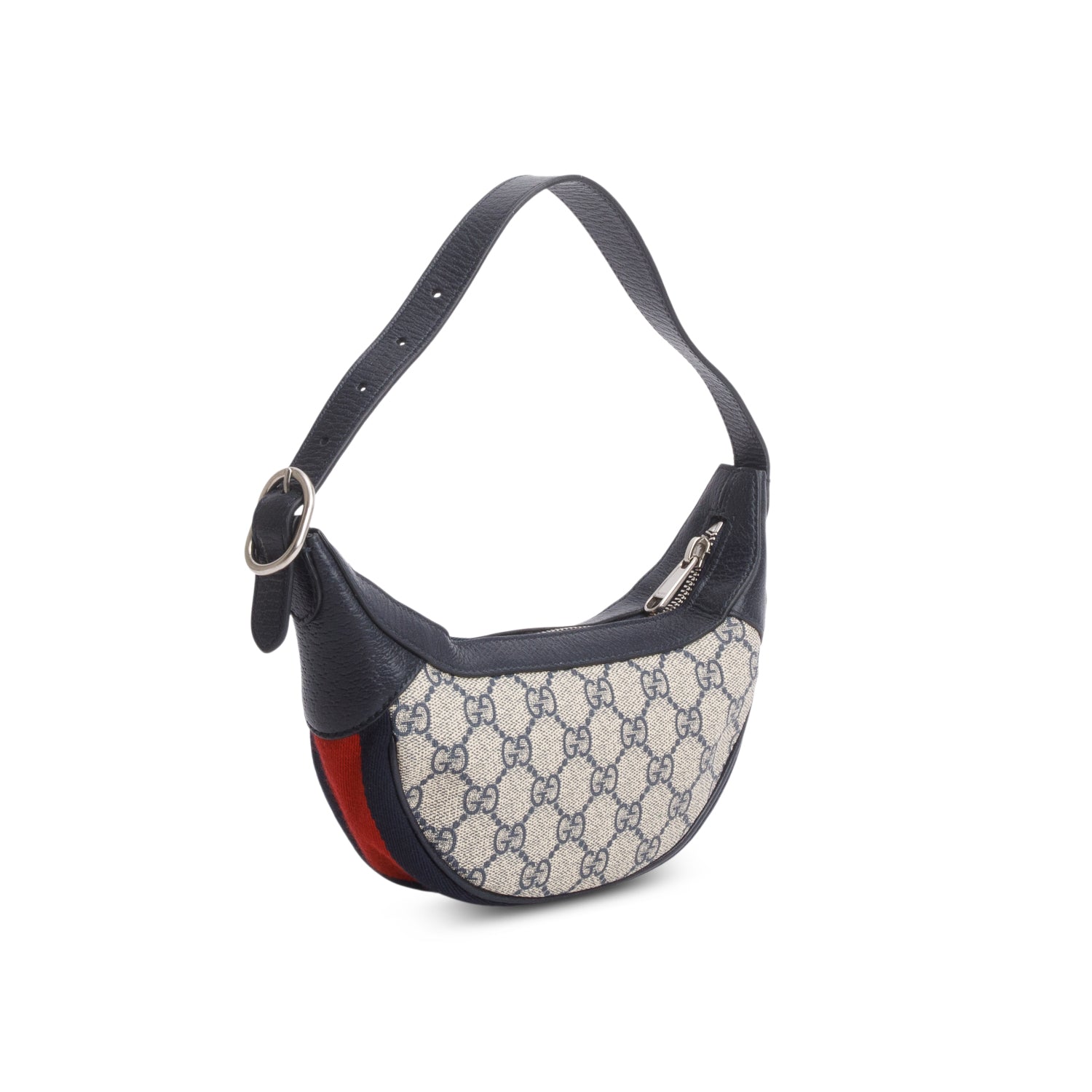Gucci Navy GG Supreme Monogram Textured Calfskin Web Mini Ophidia Half Moon Hobo