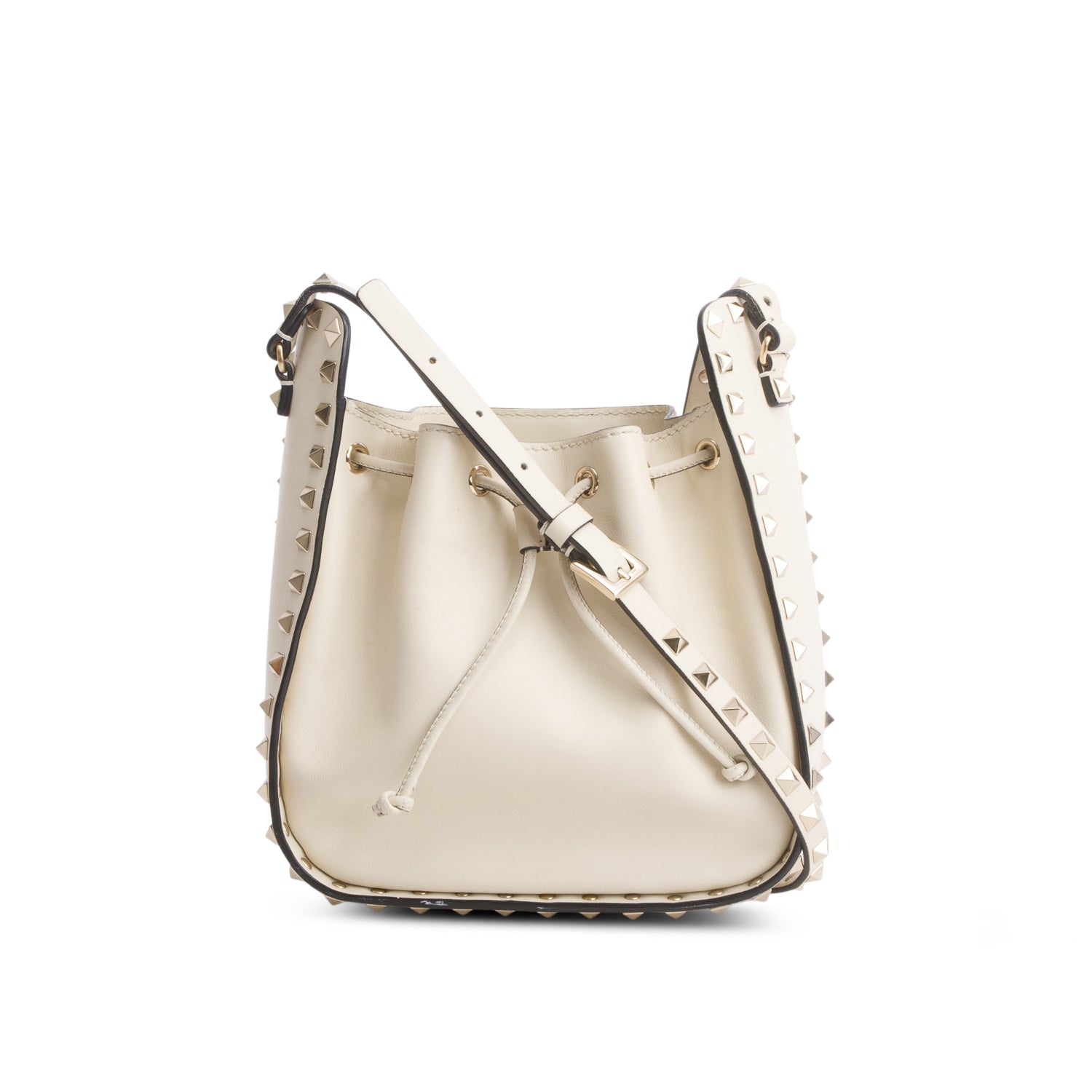 Valentino Cream Vitello Calfskin Rockstud Bucket Bag
