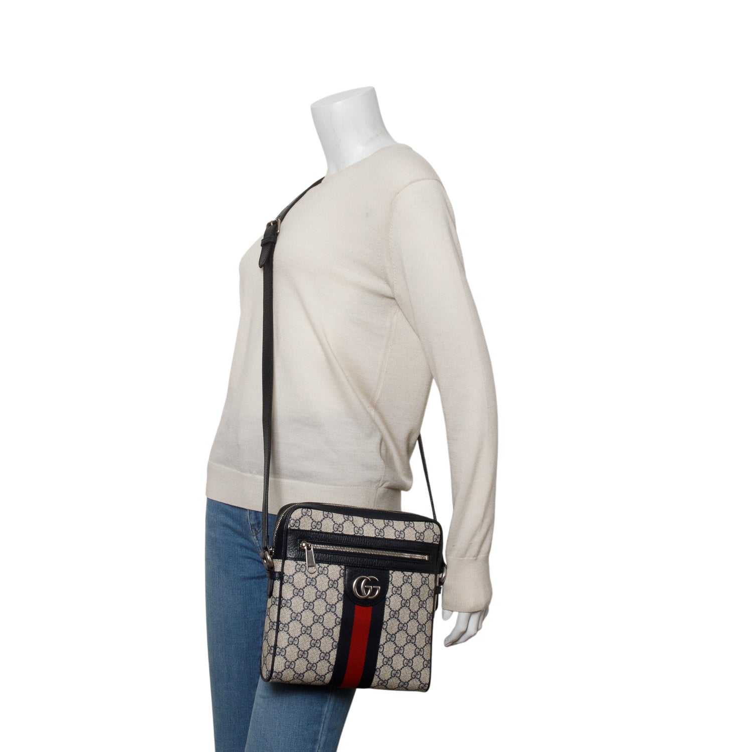 Gucci Navy GG Supreme Monogram Web Small Ophidia Messenger Bag