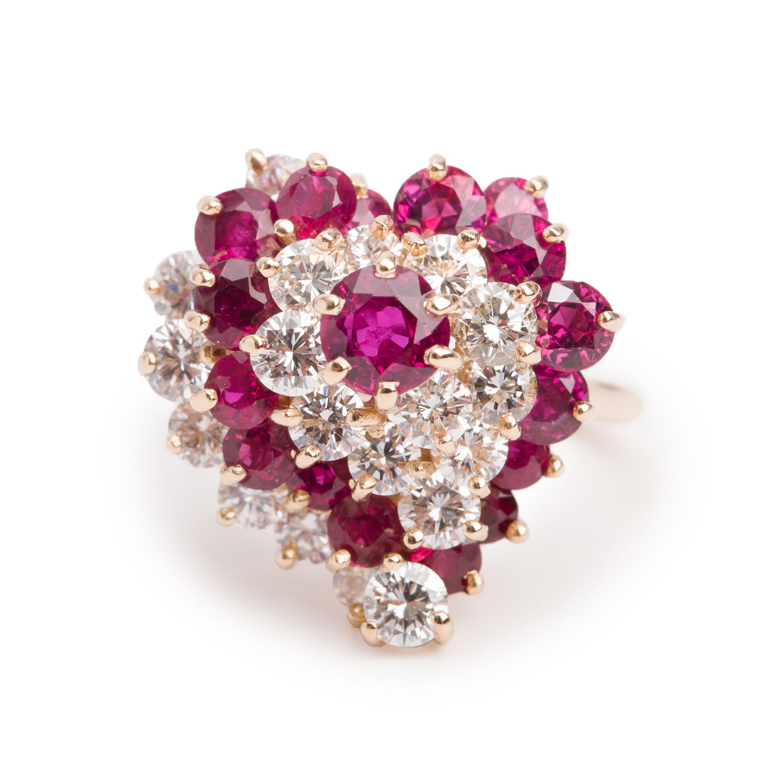 14k Yellow Gold Ruby and Diamond Cluster Ring, Size 6.5