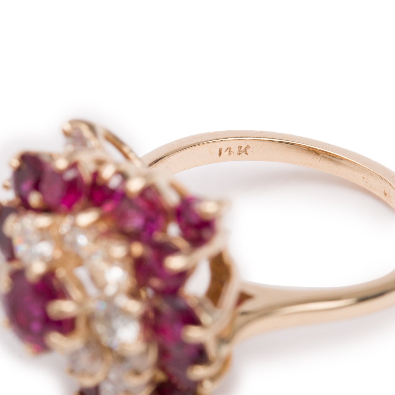 14k Yellow Gold Ruby and Diamond Cluster Ring, Size 6.5