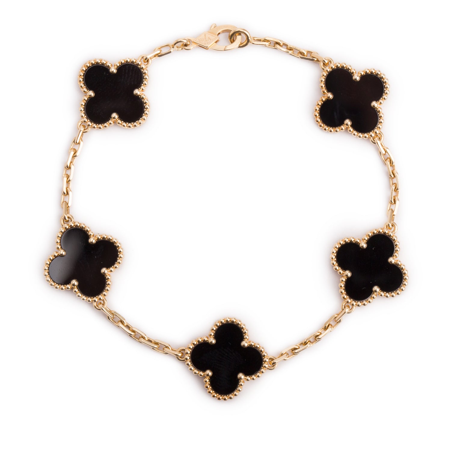 Van Cleef & Arpels 2023 18k Yellow Gold Vintage Alhambra 5 Motif Onyx Bracelet w/ Box & Certificate