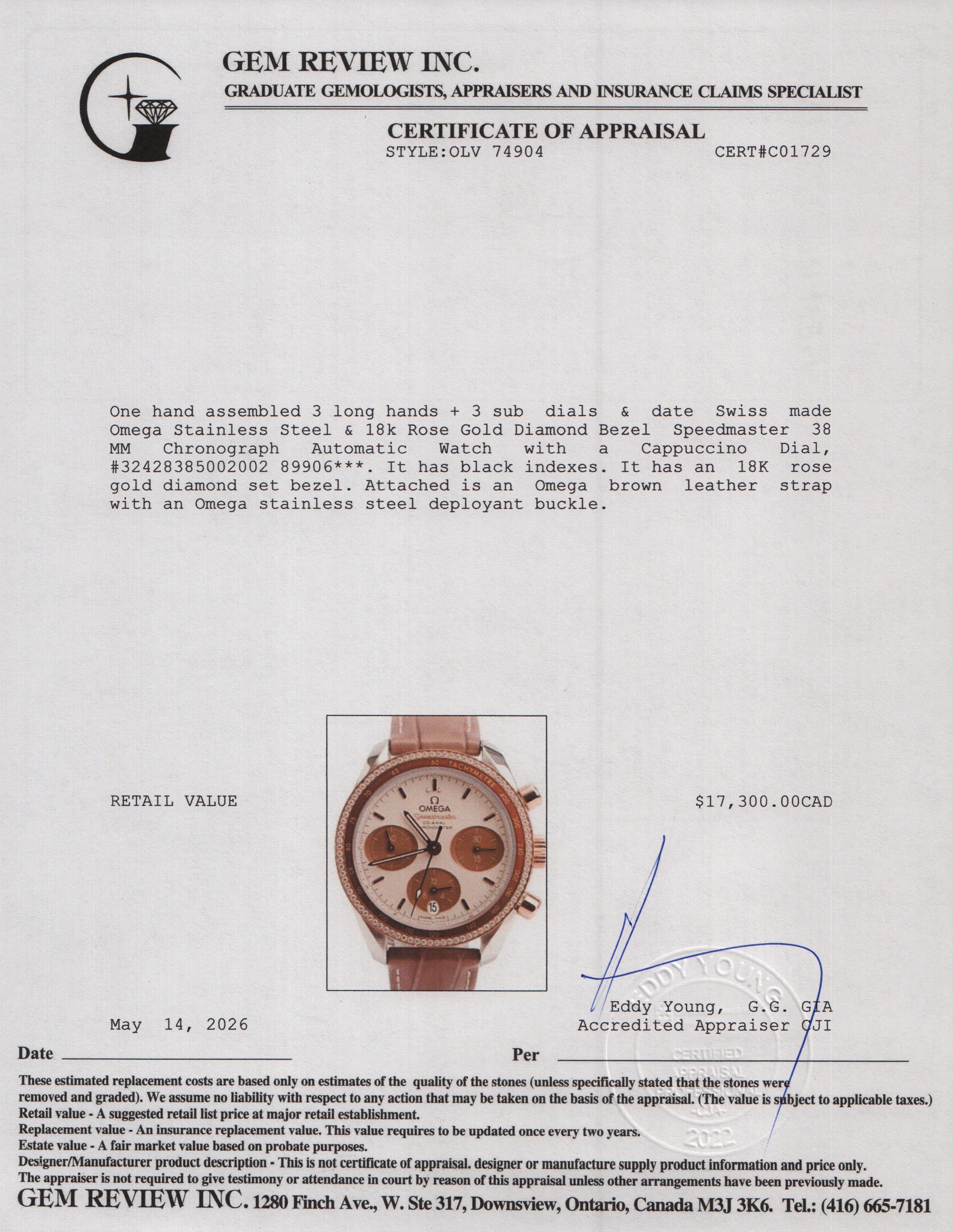 Omega Stainless Steel & 18k Rose Gold Diamond Bezel Speedmaster 38 MM Chronograph Automatic Watch Cappuccino Dial w/ Box & Papers