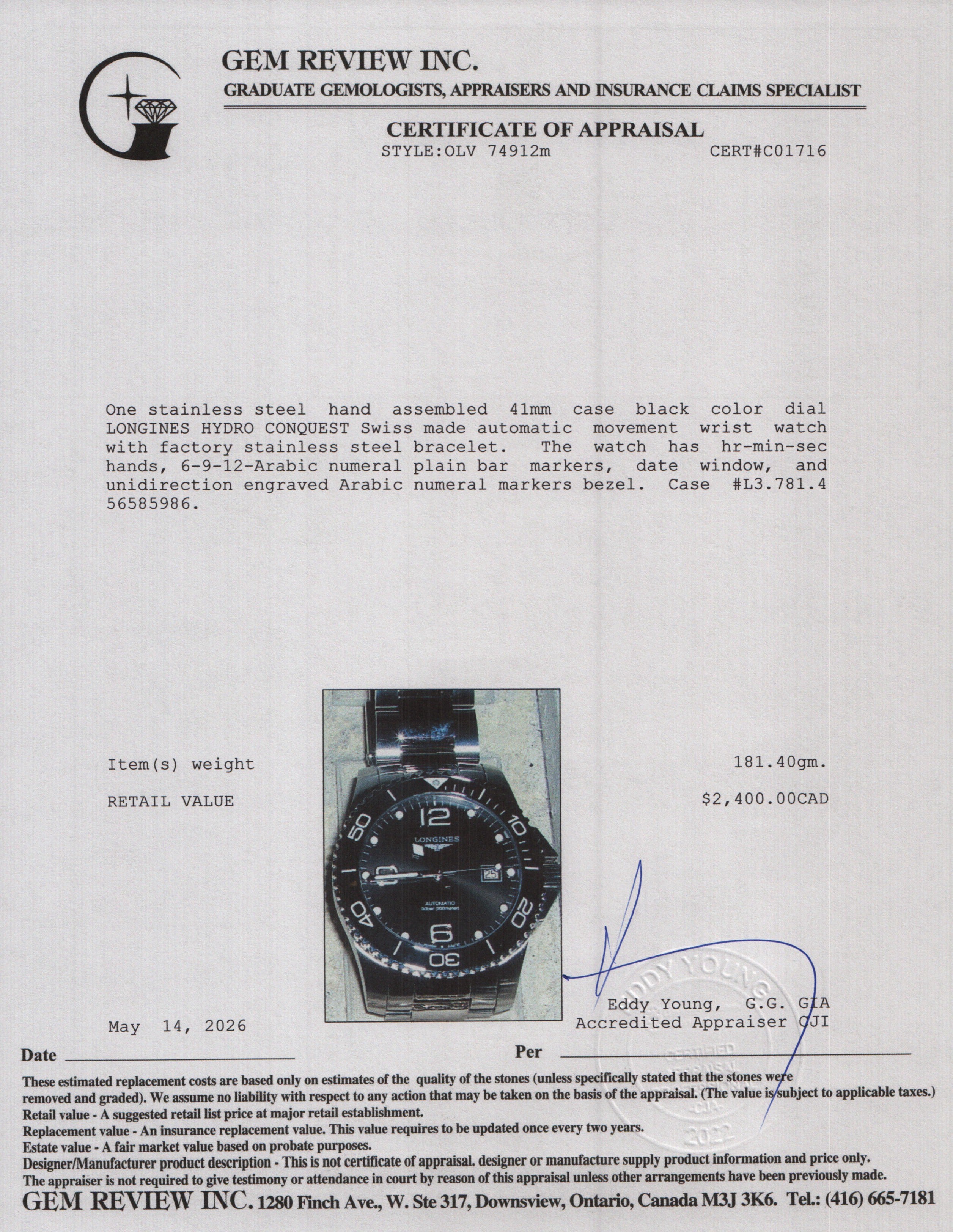 Longines 2025 Stainless Steel HydroConquest 41 MM Automatic Watch Black Dial w/ Box & Papers