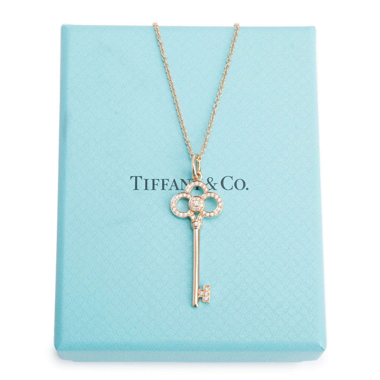 Tiffany & Co. 18k Rose Gold Diamond 1.5" Crown Key Pendant Necklace w/ Box