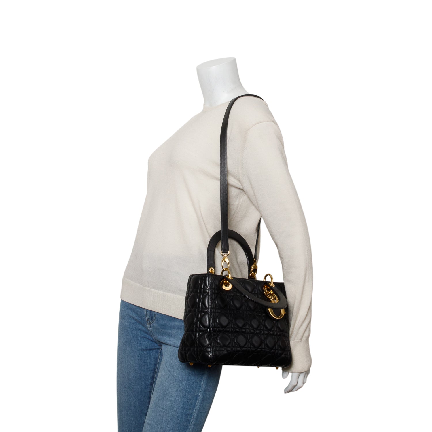 Christian Dior Black Cannage Lambskin Leather Medium Lady Dior Bag w/ Strap