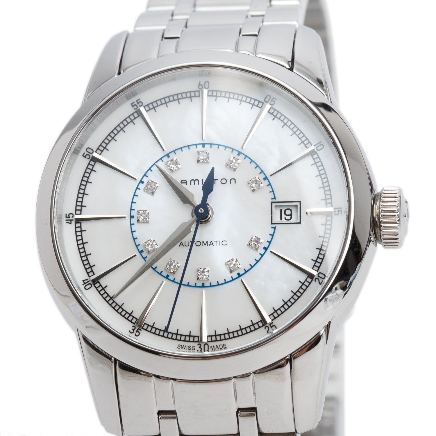 Hamilton 2025 Stainless Steel Classic Railroad 32MM Automatic Watch Diamond Mother of Pearl Dial w/ Box & Papers