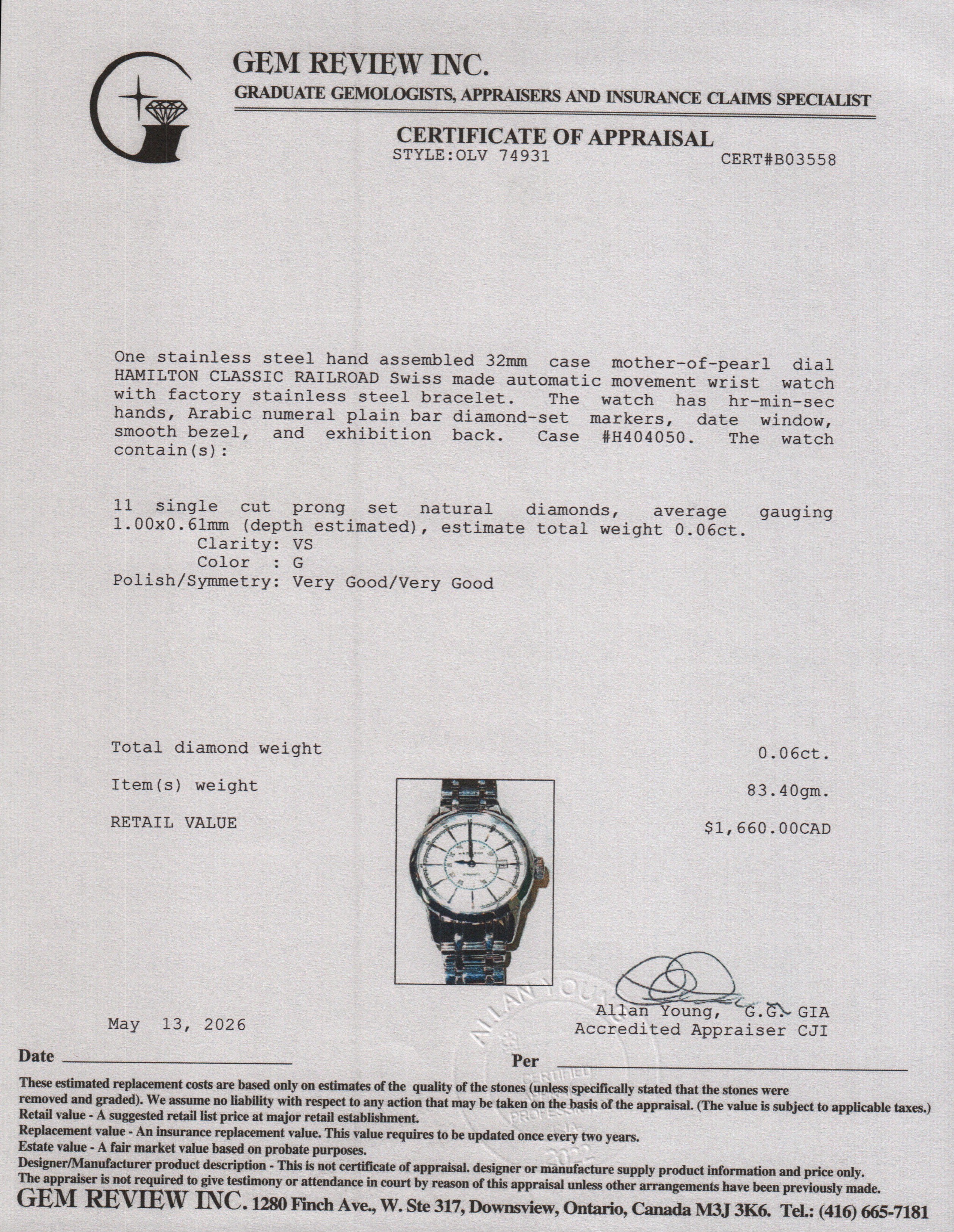 Hamilton 2025 Stainless Steel Classic Railroad 32MM Automatic Watch Diamond Mother of Pearl Dial w/ Box & Papers