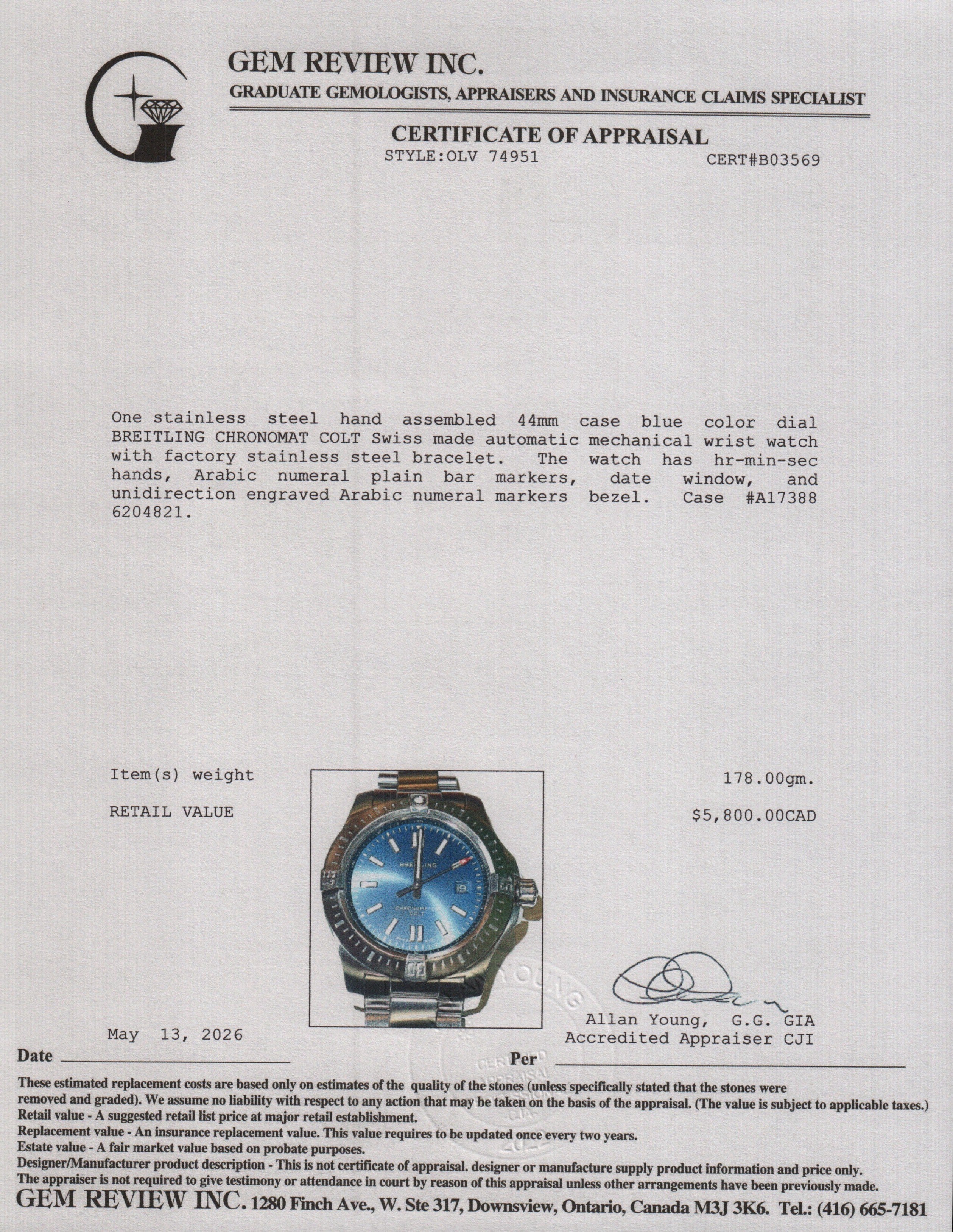 Breitling Stainless Steel Chronomat Colt 44 MM Automatic Watch Blue Dial A17388 w/ Case