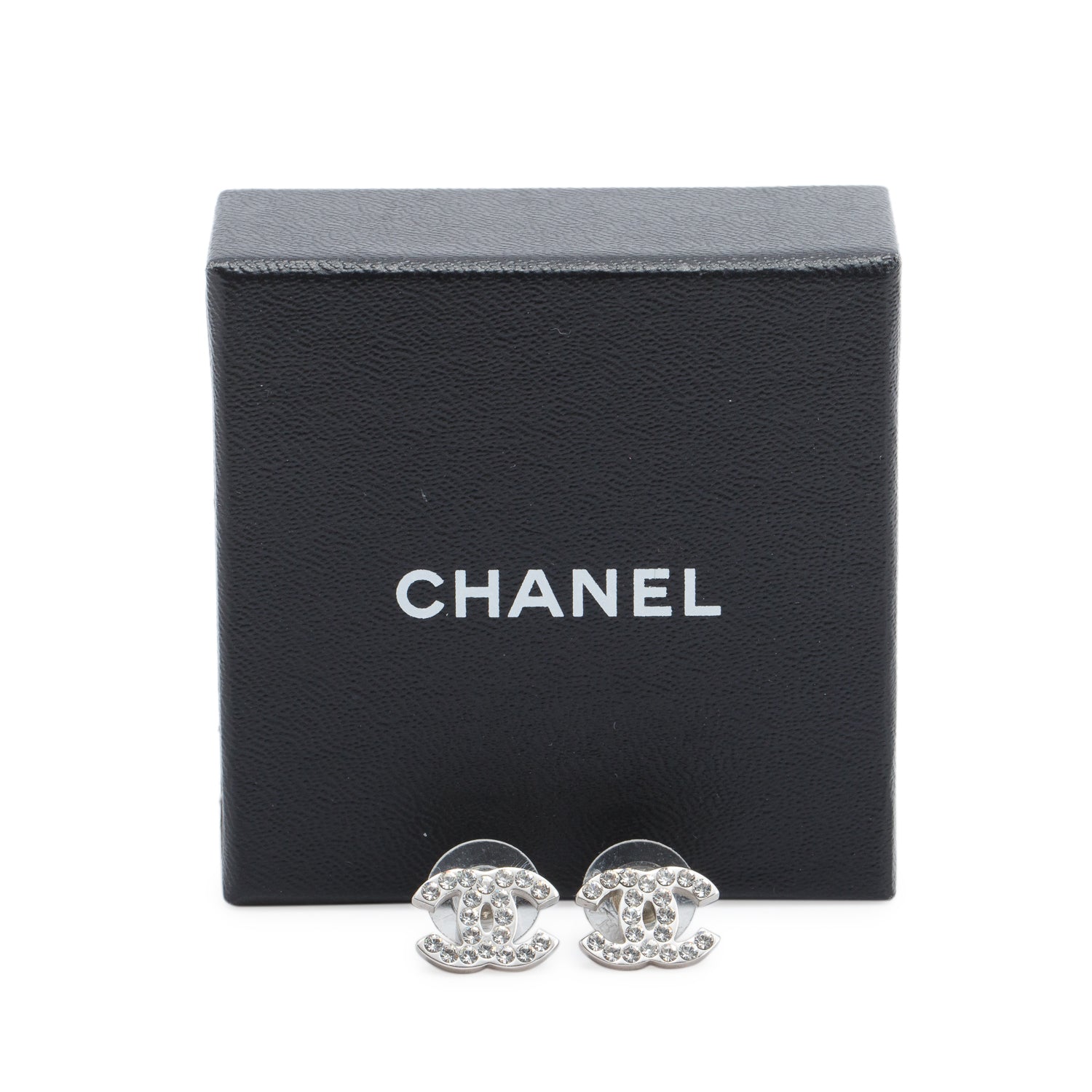 Chanel Palladium Plated Strass CC Stud Earrings w/ Box
