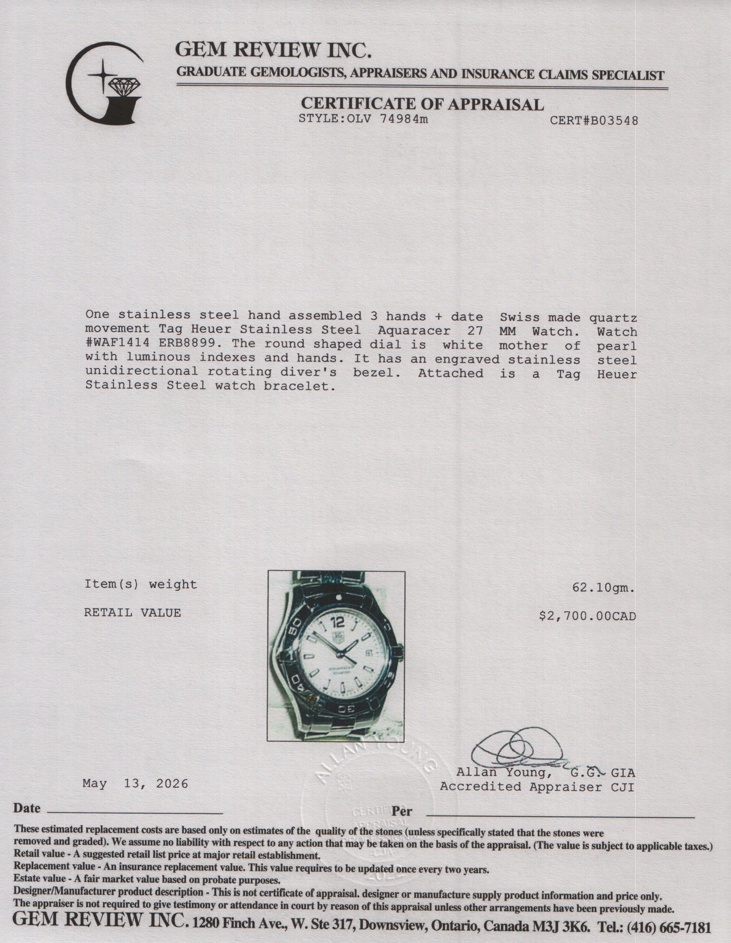 Tag Heuer Stainless Steel Aquaracer 27 MM Watch Mother of Pearl WAF1414