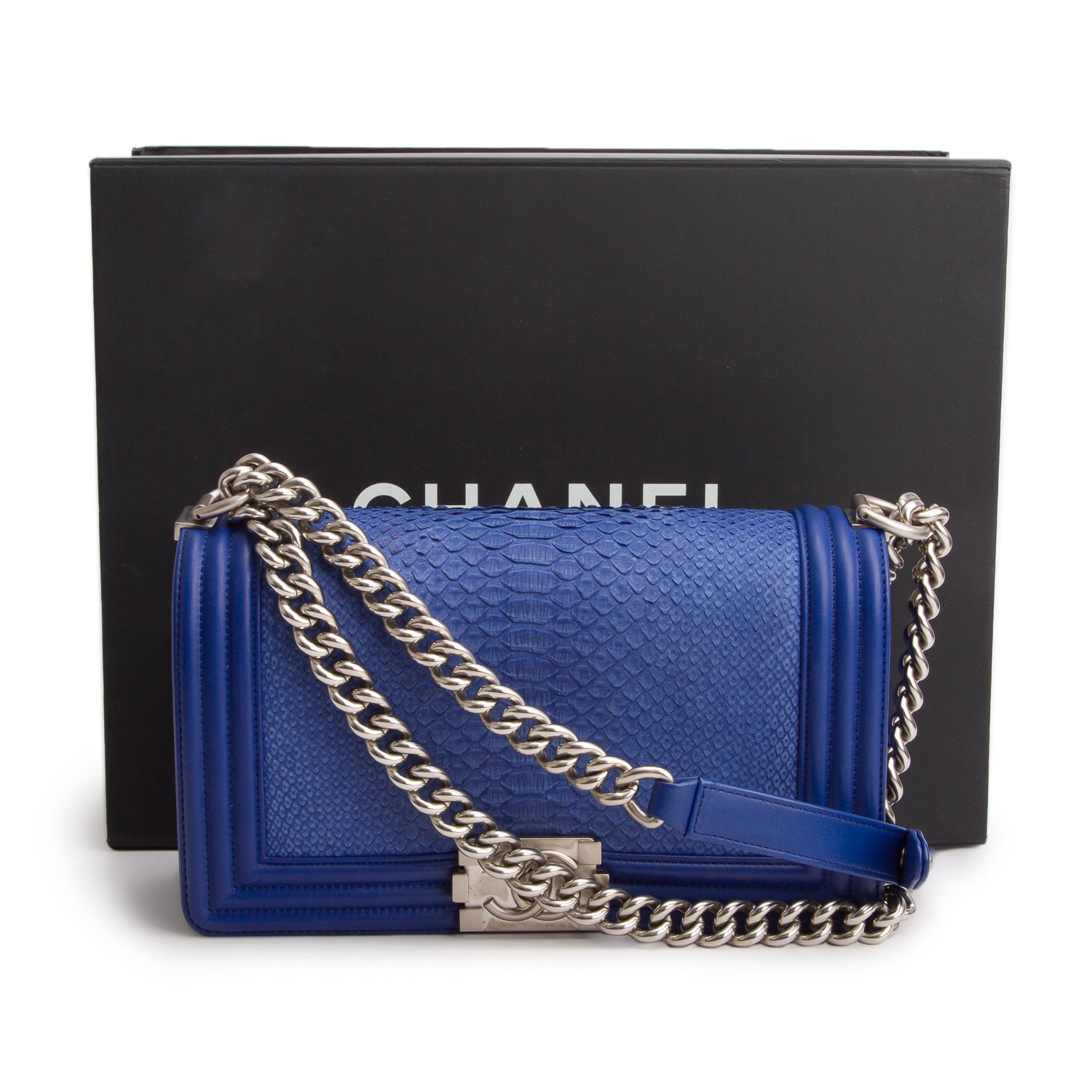 Chanel Blue Python Calfskin Medium Boy Bag w/ Box & Receipt