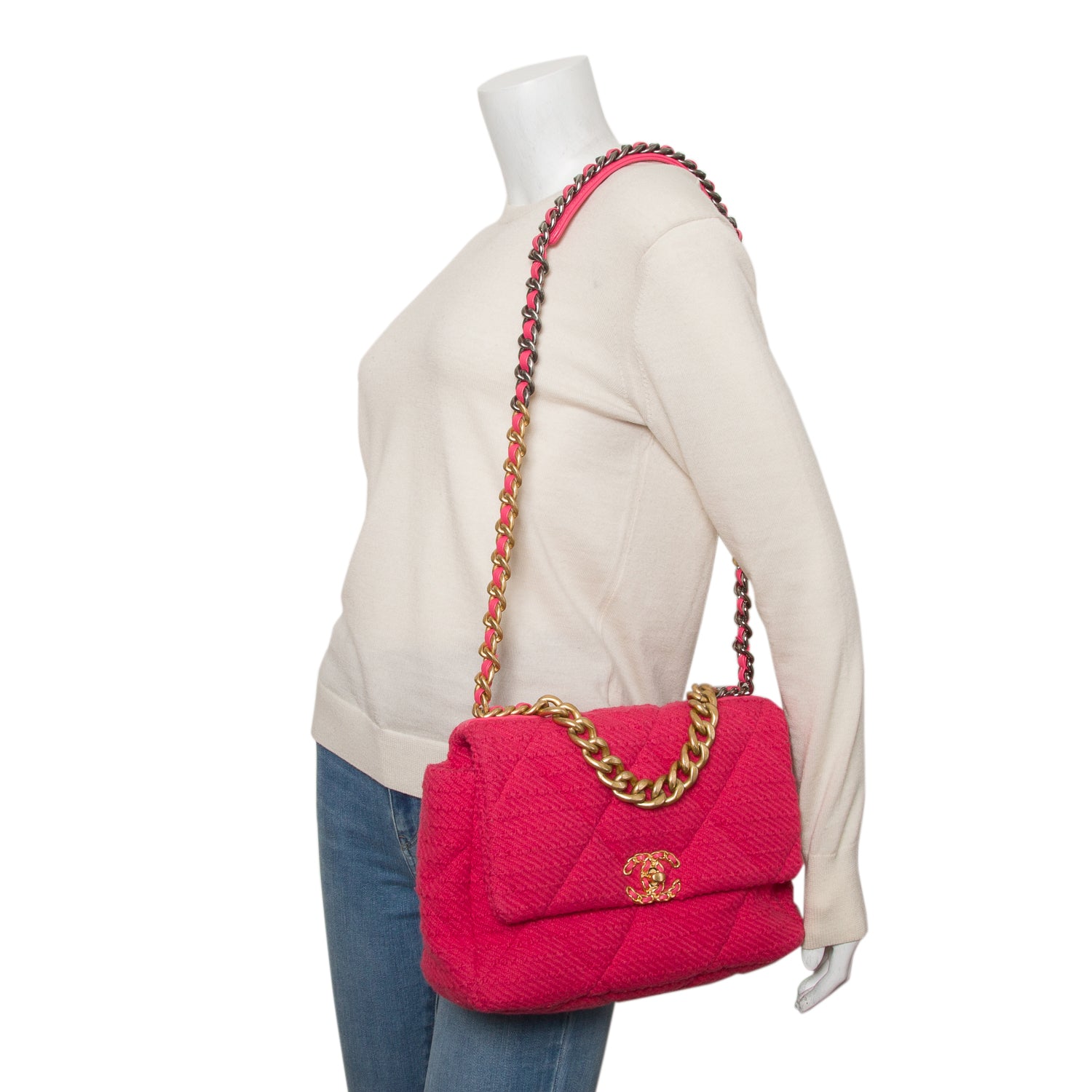 Chanel 2020 Pink Tweed Quilted Large 19 Flap Bag w/ Box & Authenticity Card
