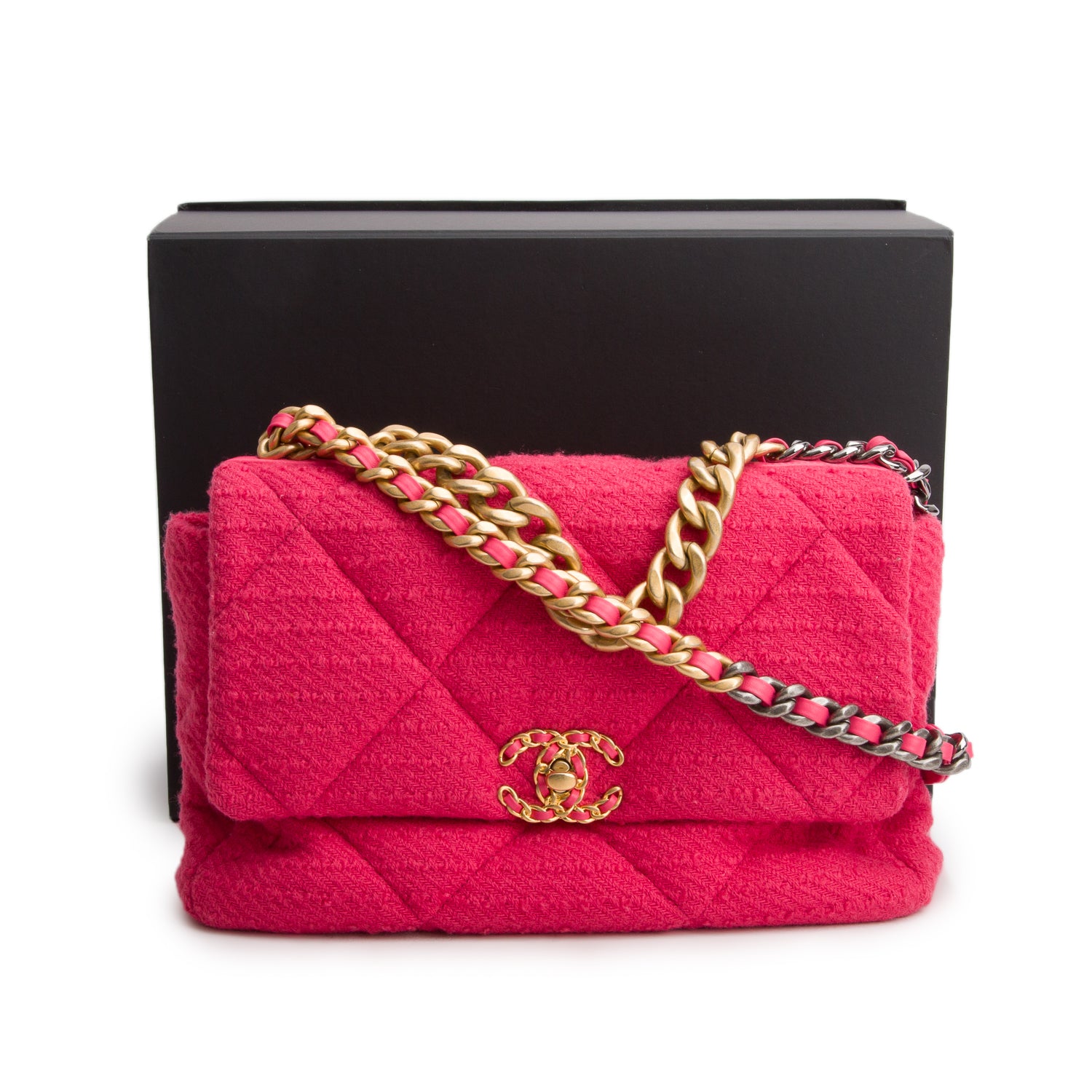 Chanel 2020 Pink Tweed Quilted Large 19 Flap Bag w/ Box & Authenticity Card