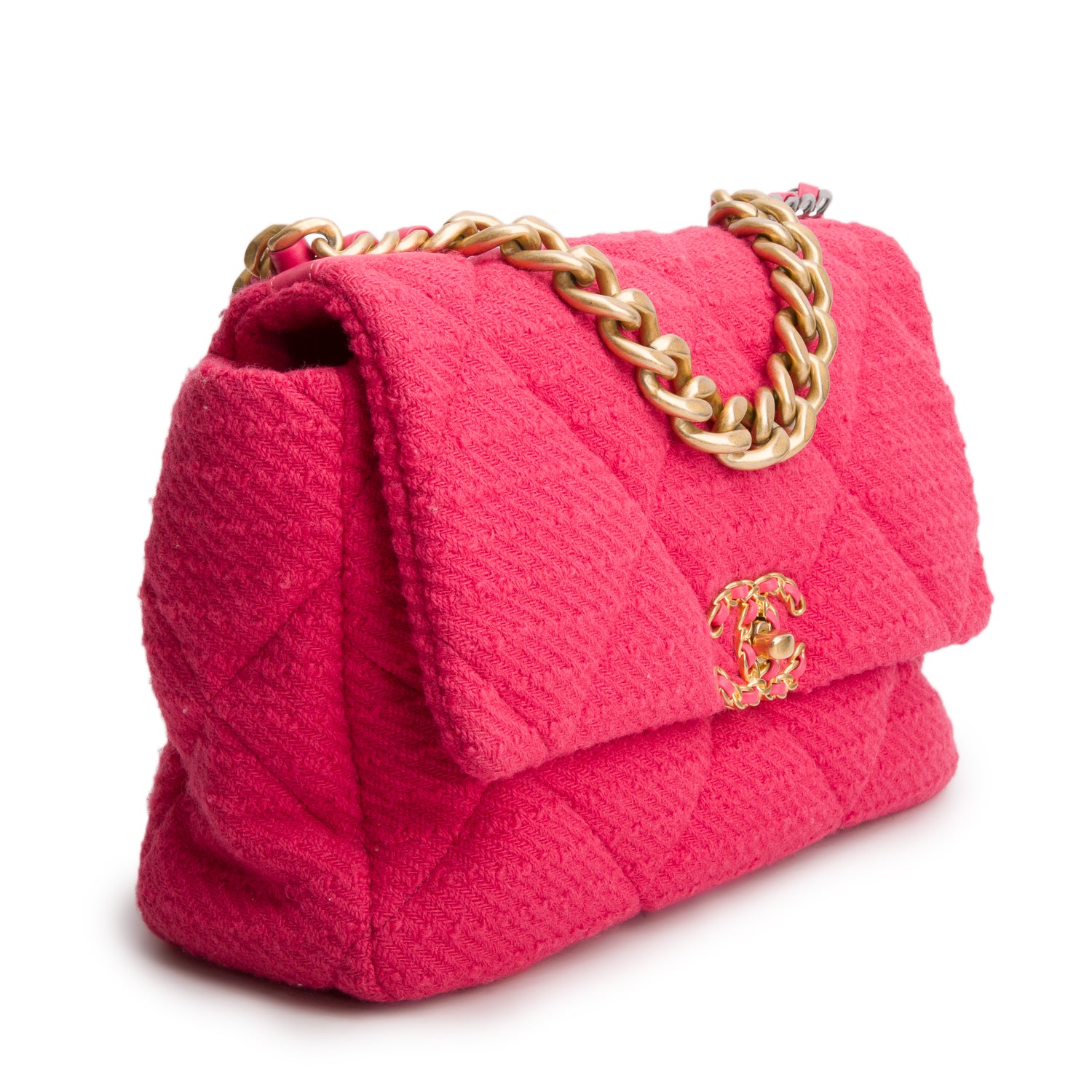 Chanel 2020 Pink Tweed Quilted Large 19 Flap Bag w/ Box & Authenticity Card