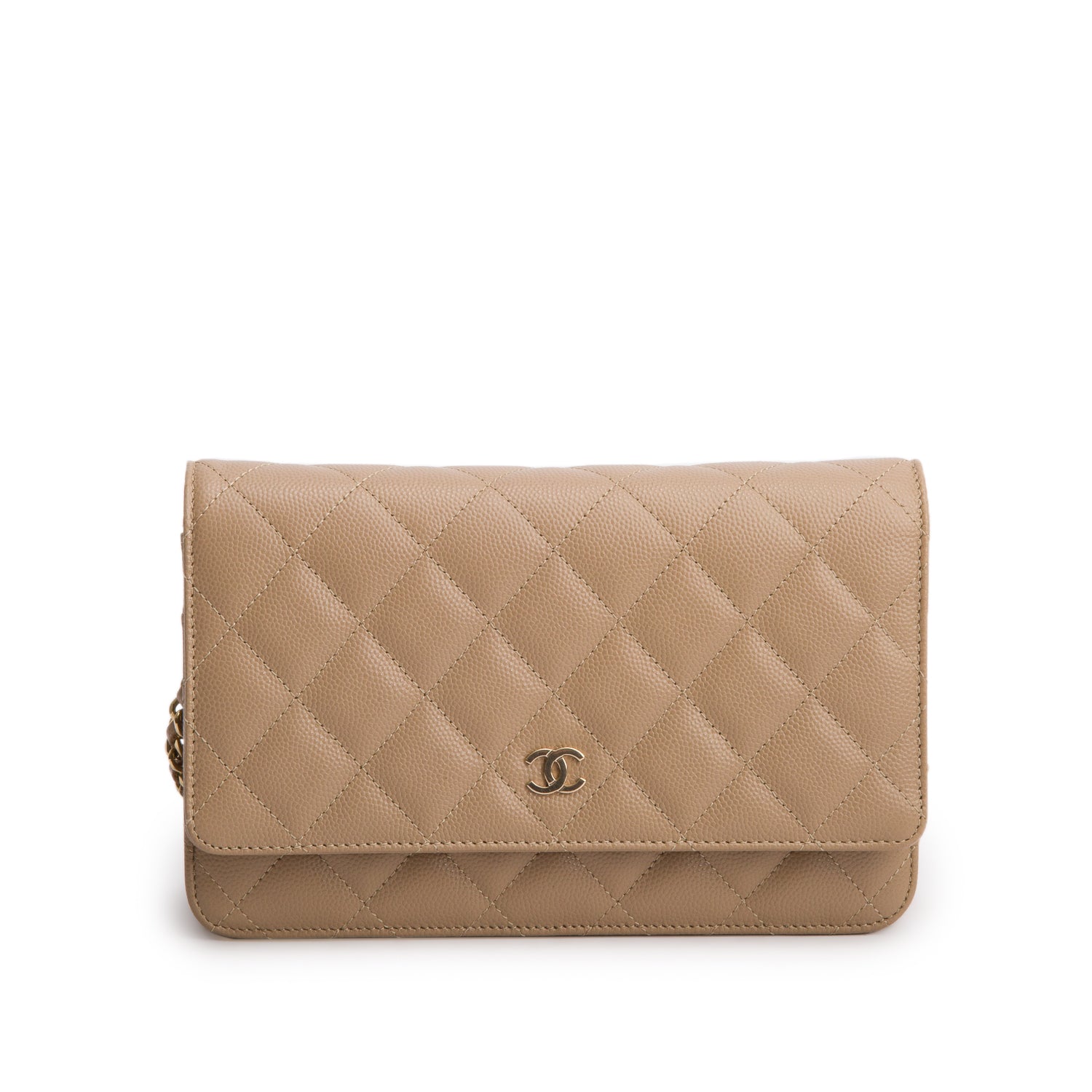 Chanel Beige Caviar Quilted Classic Wallet on Chain w/ Box