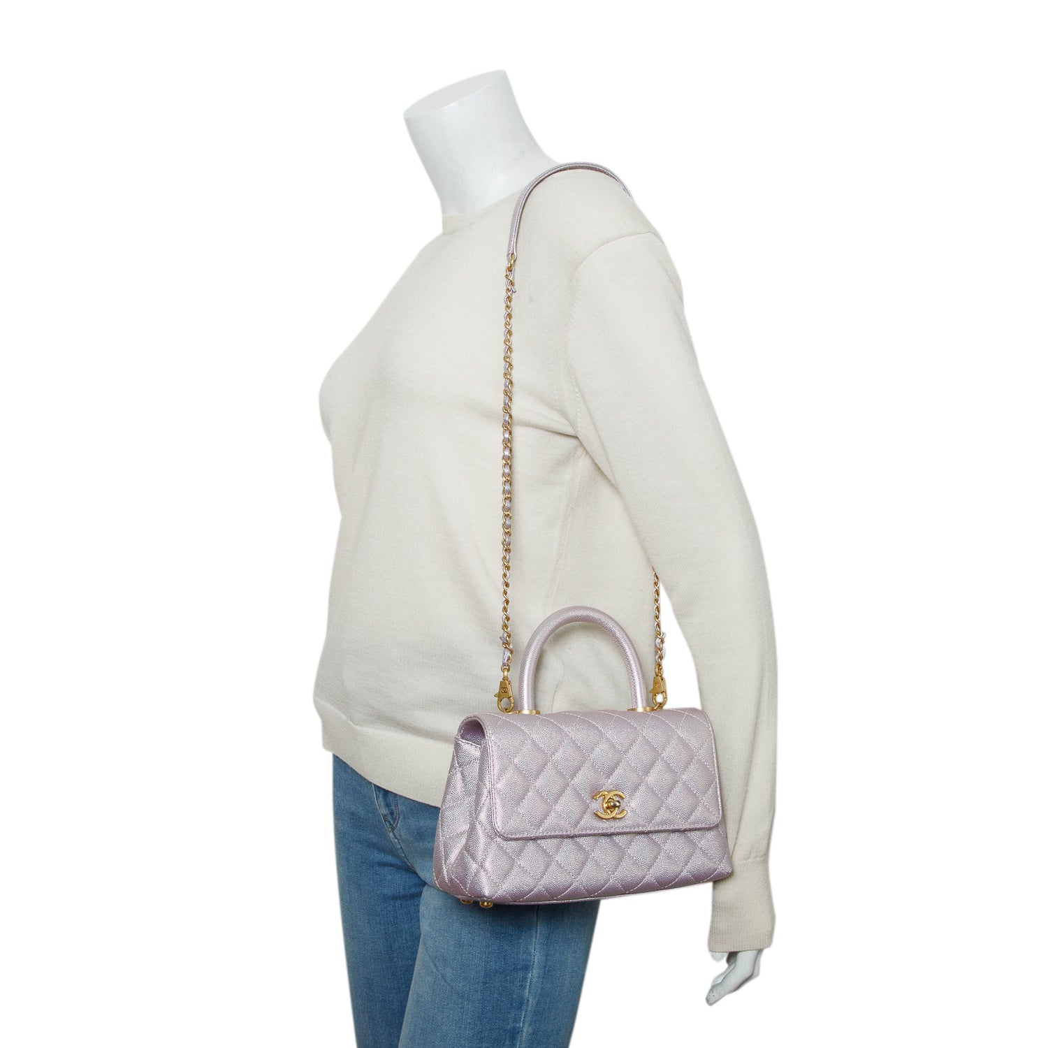 Chanel Metallic Pink Caviar Quilted Mini Coco Top Handle Flap Bag