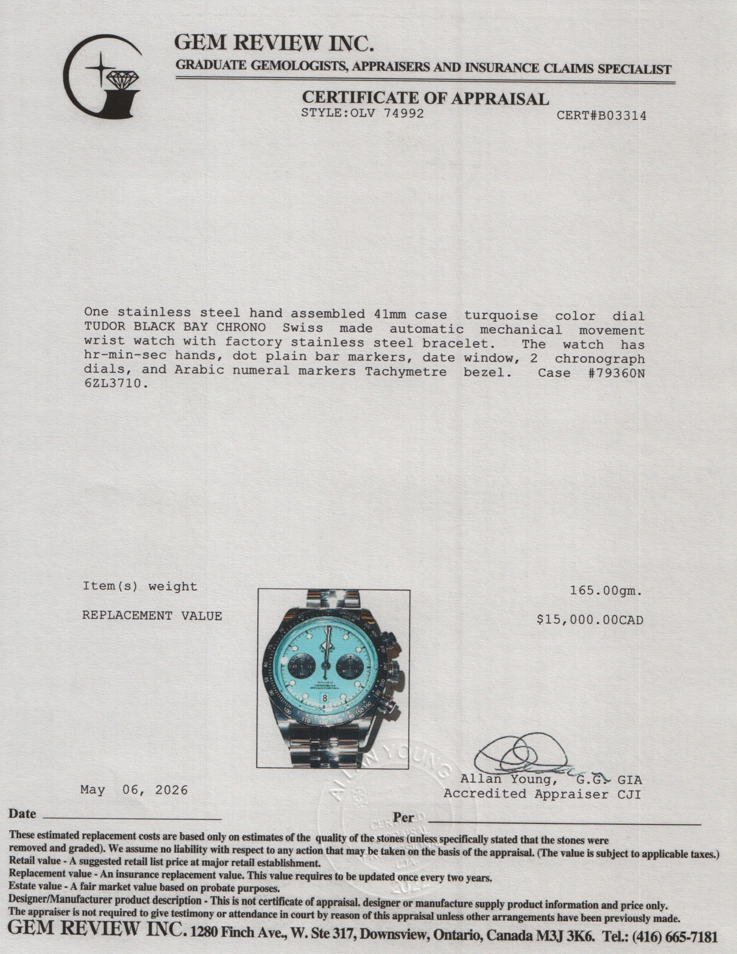Tudor 2025 Stainless Steel Black Bay Chrono 41 MM Automatic Watch Turquoise Dial 79360N w/ Box & Papers
