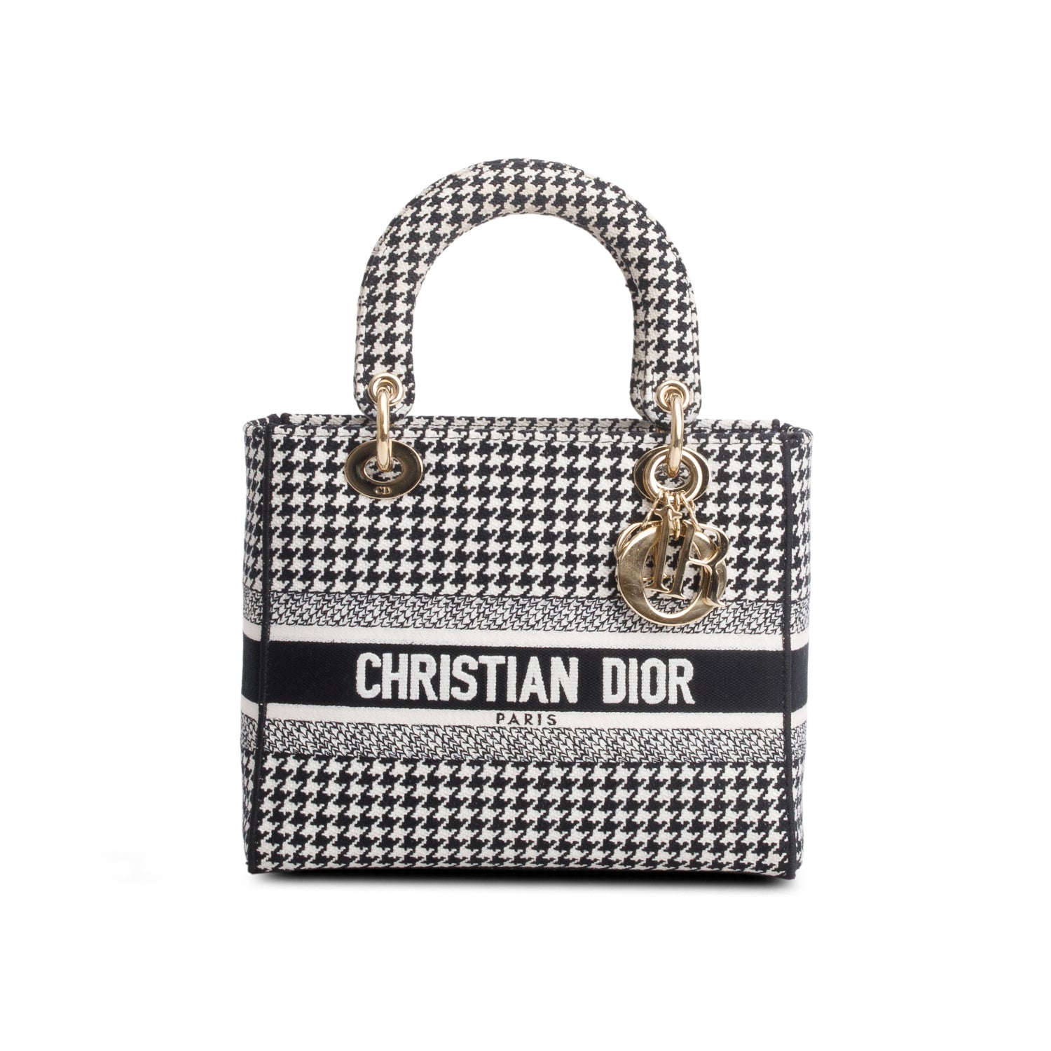 Christian Dior 2022 Black/White Houndstooth Embroidered Medium Lady D-Lite Bag w/ Strap
