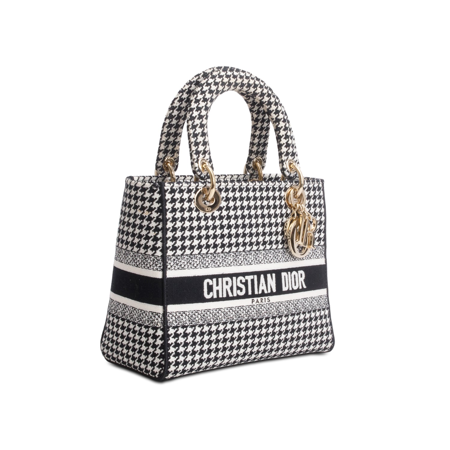 Christian Dior 2022 Black/White Houndstooth Embroidered Medium Lady D-Lite Bag w/ Strap