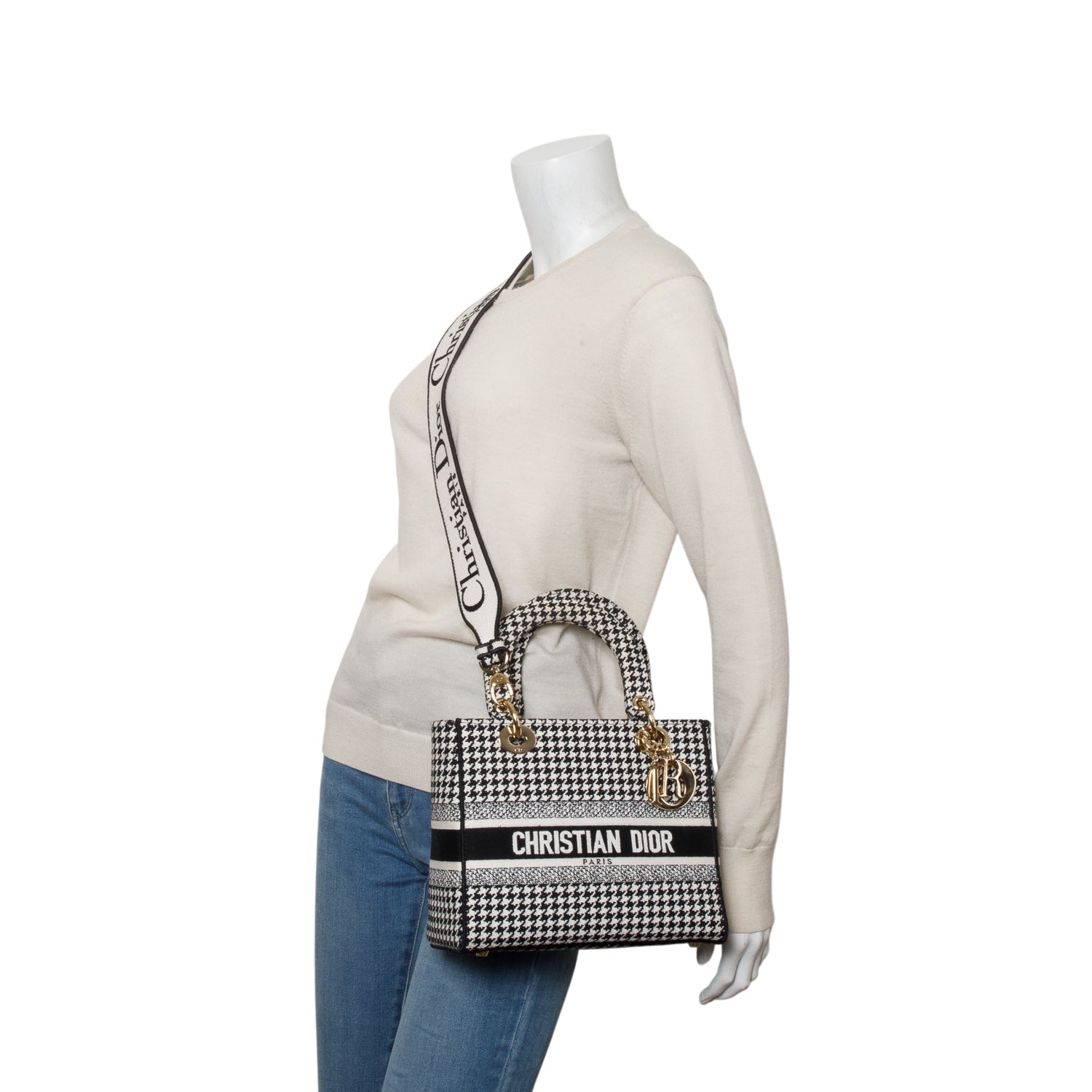 Christian Dior 2022 Black/White Houndstooth Embroidered Medium Lady D-Lite Bag w/ Strap