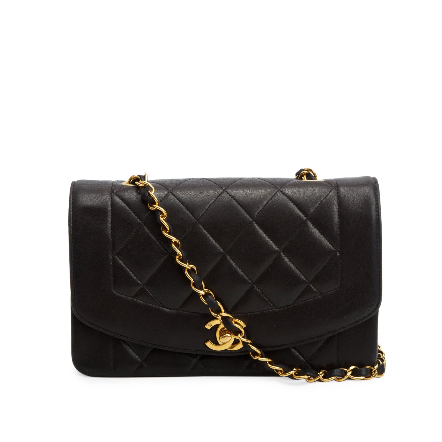 Chanel Vintage Black Lambskin Quilted Small Diana Single Flap w/ Authenticity Card
