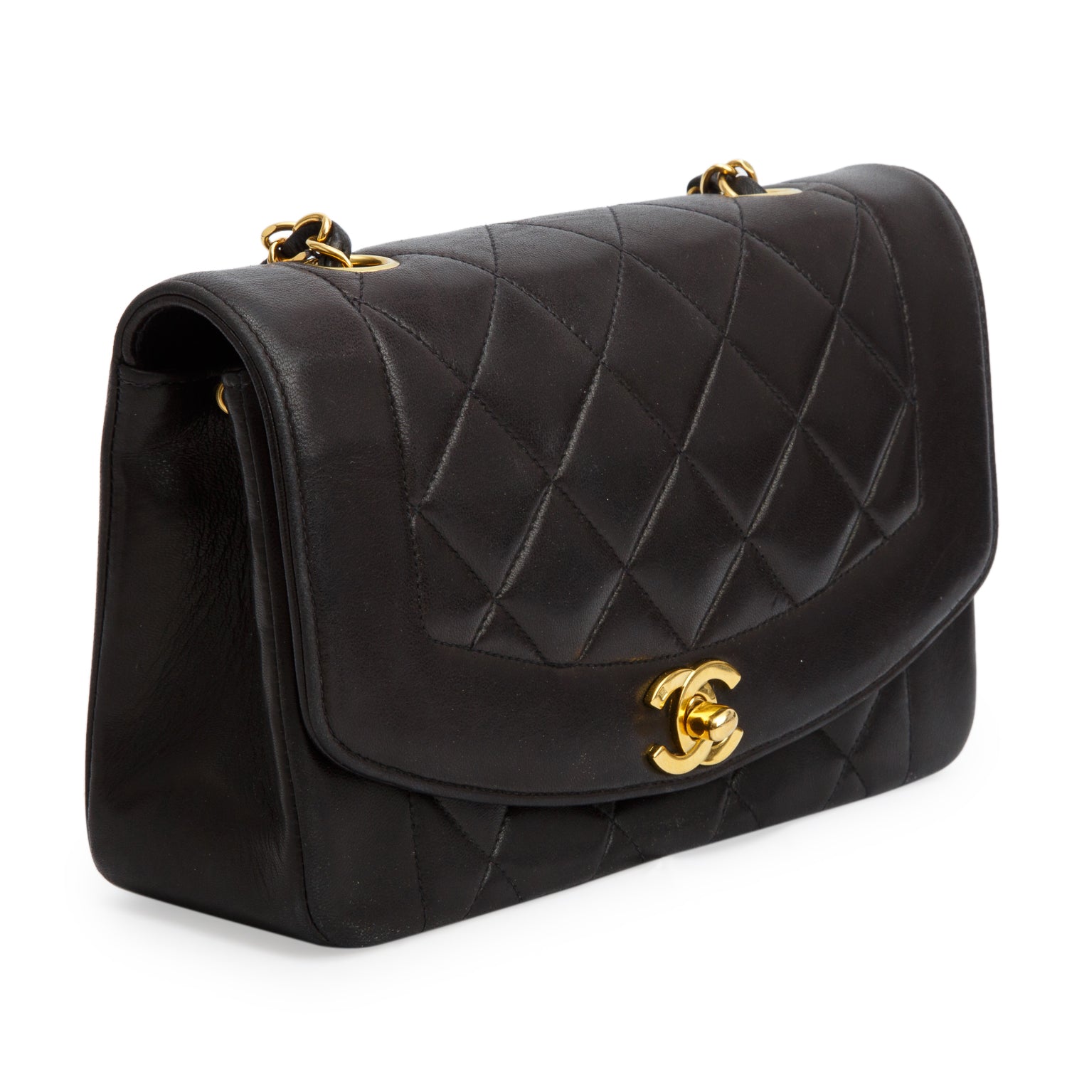 Chanel Vintage Black Lambskin Quilted Small Diana Single Flap w/ Authenticity Card