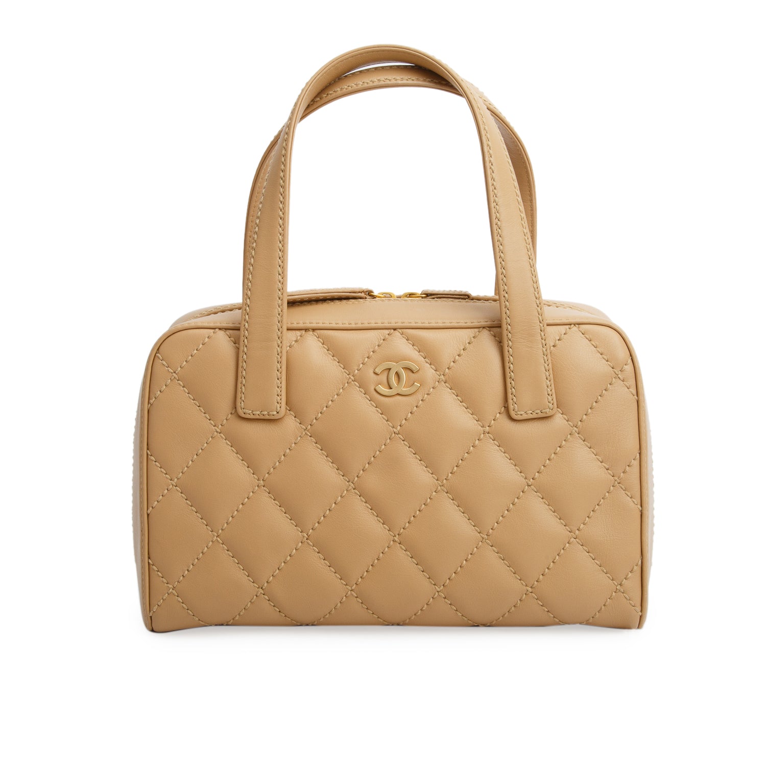 Chanel Beige Calfskin Contrast Stich Surpique Bowler w/ Authenticity Card & Pouch