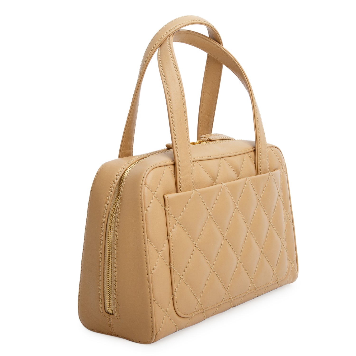 Chanel Beige Calfskin Contrast Stich Surpique Bowler w/ Authenticity Card & Pouch