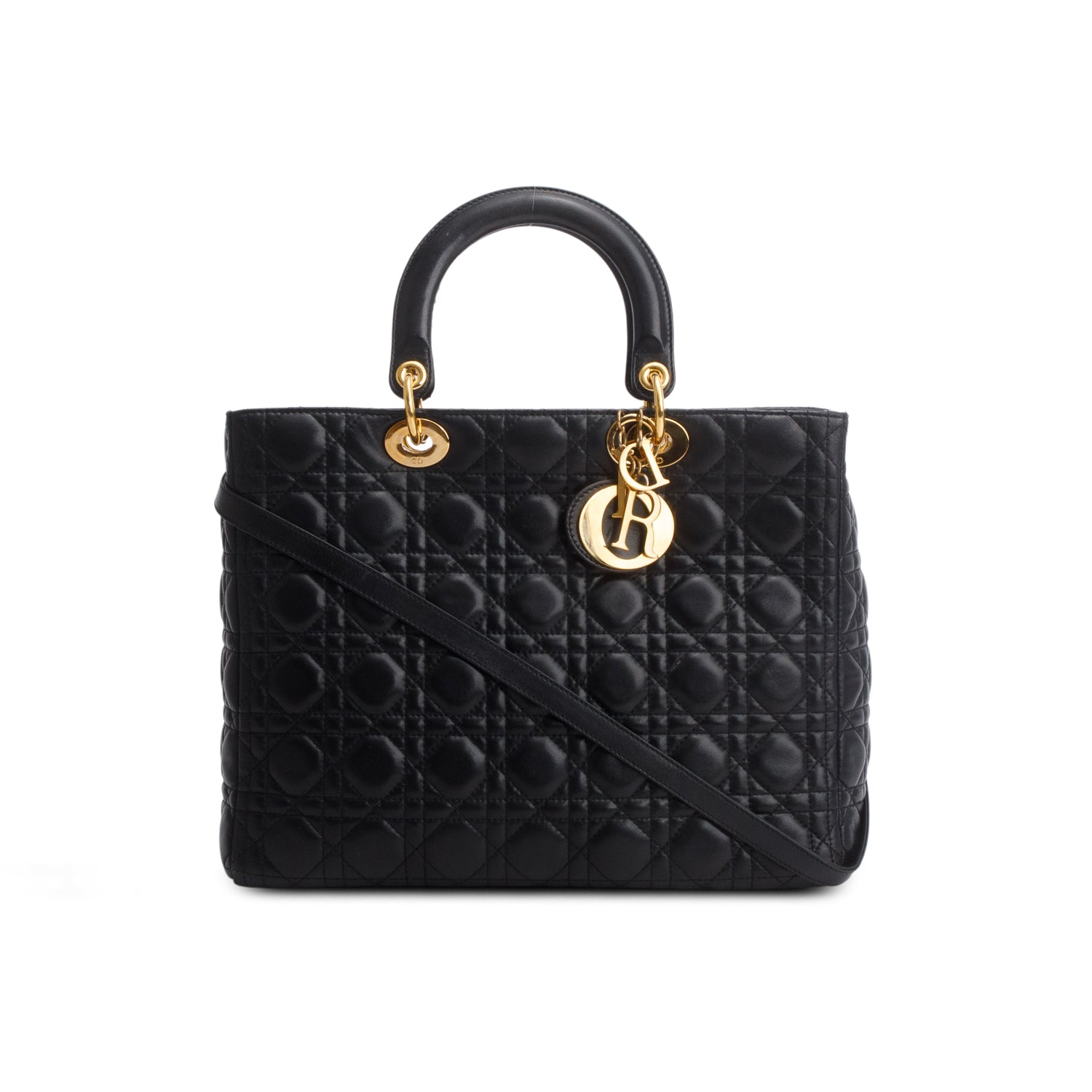 Christian Dior Black Lambskin Cannage Large Lady Dior Bag w/ Strap