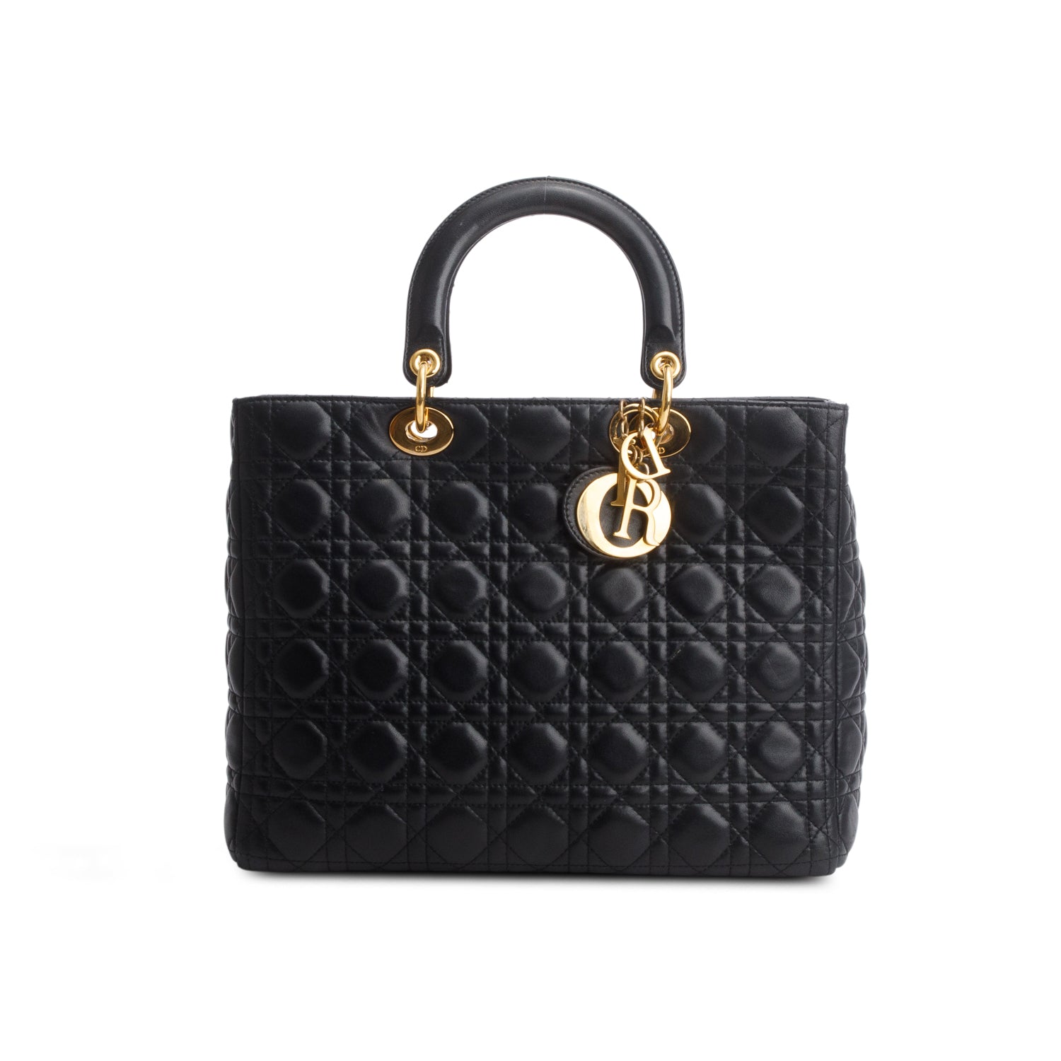 Christian Dior Black Lambskin Cannage Large Lady Dior Bag w/ Strap