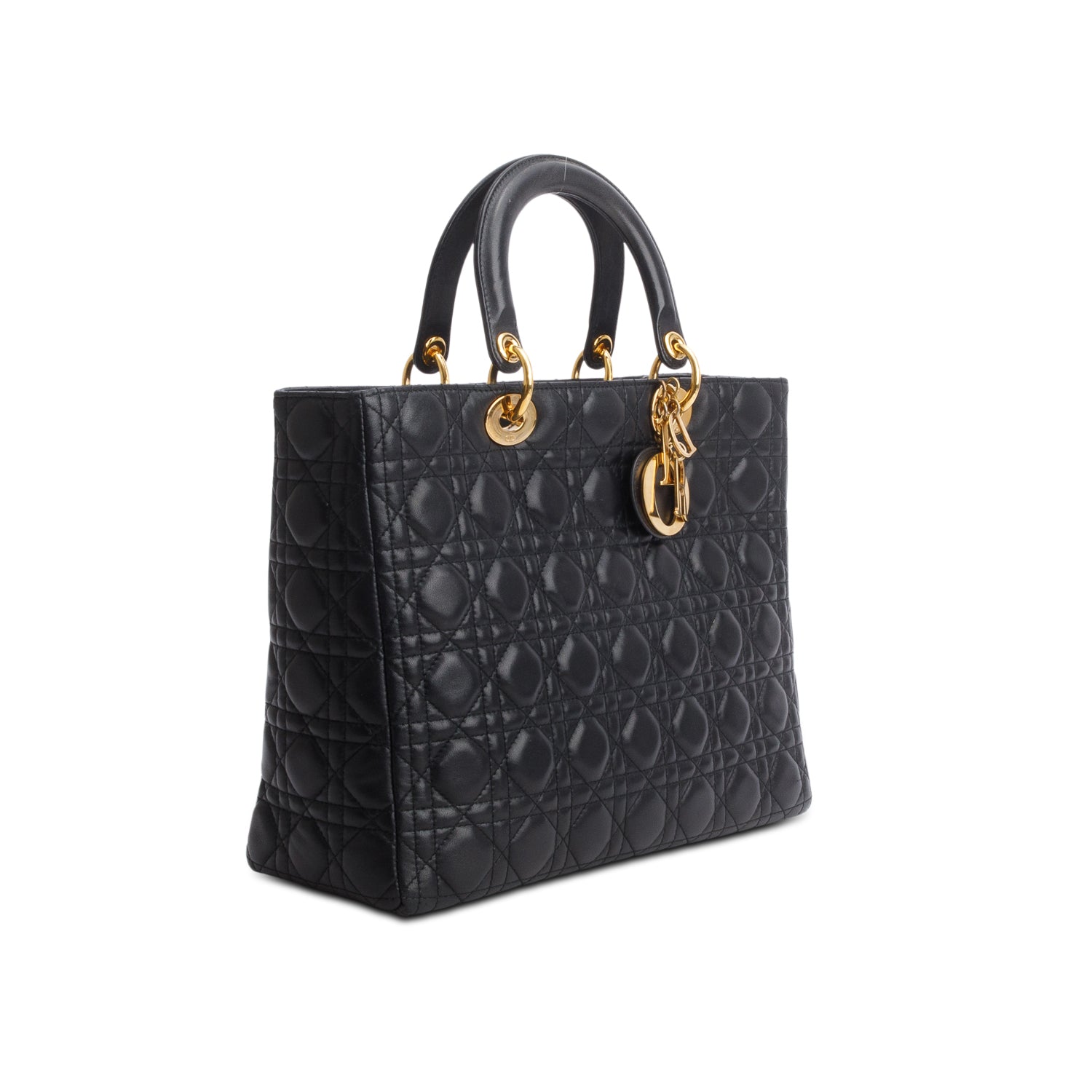 Christian Dior Black Lambskin Cannage Large Lady Dior Bag w/ Strap