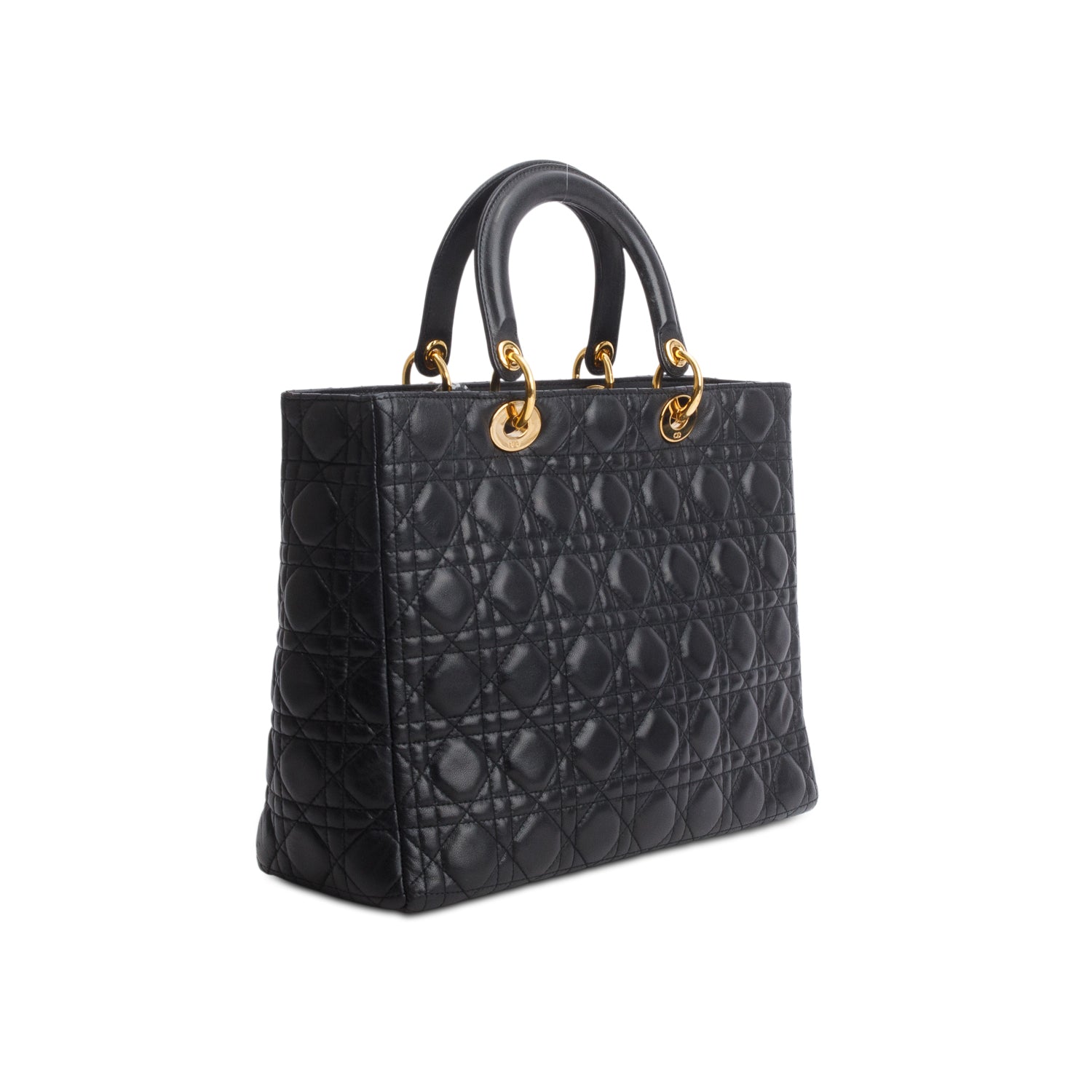 Christian Dior Black Lambskin Cannage Large Lady Dior Bag w/ Strap