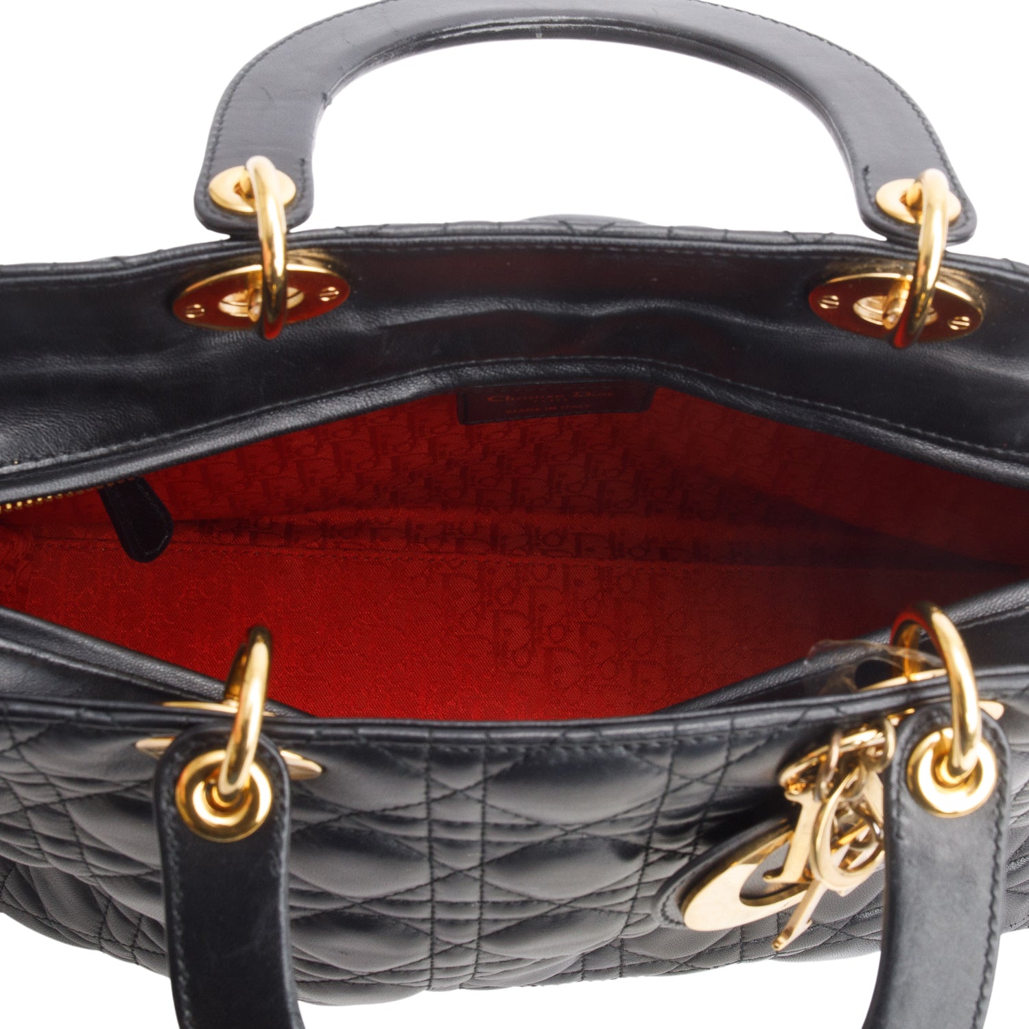 Christian Dior Black Lambskin Cannage Large Lady Dior Bag w/ Strap