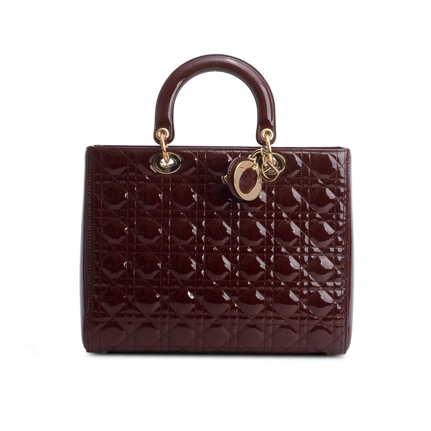 Christian Dior Burgundy Cannage Patent Leather Large Lady Dior w/ Strap & Authenticity Card