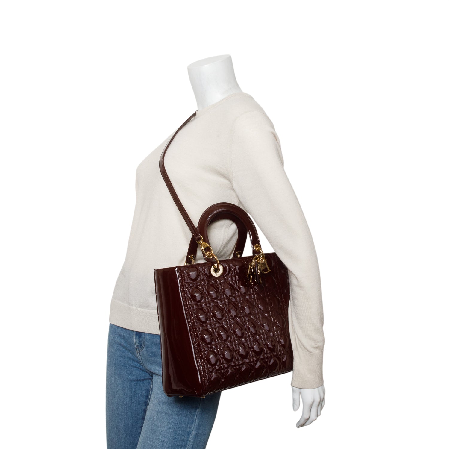 Christian Dior Burgundy Cannage Patent Leather Large Lady Dior w/ Strap & Authenticity Card