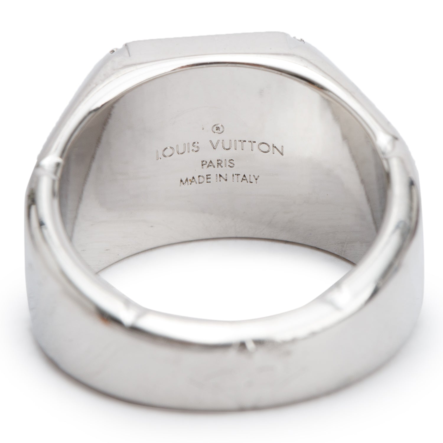 Louis Vuitton Palladium Plated Monogram Signet Ring, Size M 9 w/ Box