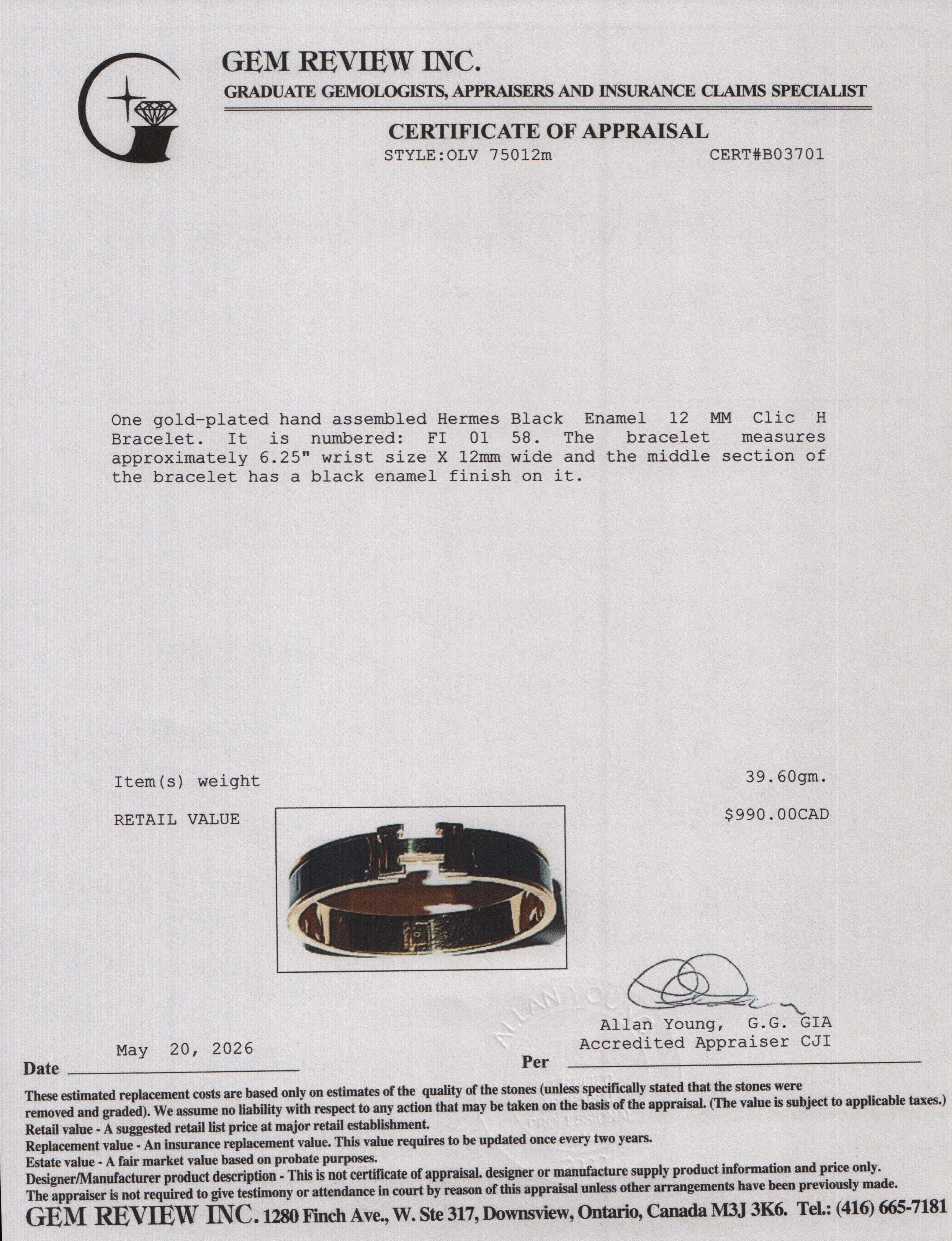 Hermes Gold Plated Black Enamel 12 MM Clic H Bracelet