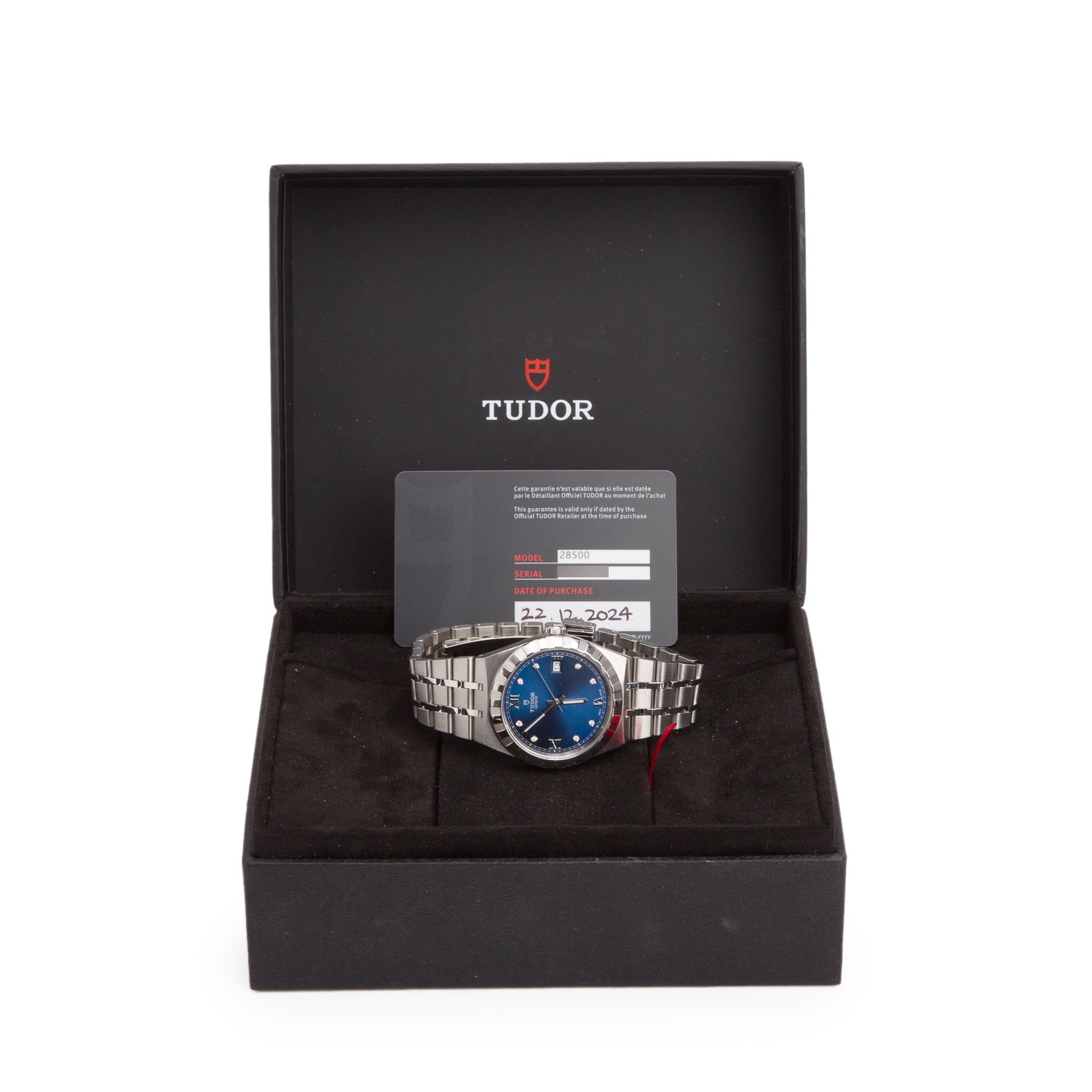 Tudor 2024 Stainless Steel Royal Date 38 MM Automatic Watch Blue Diamond Dial 28500 w/ Box & Papers
