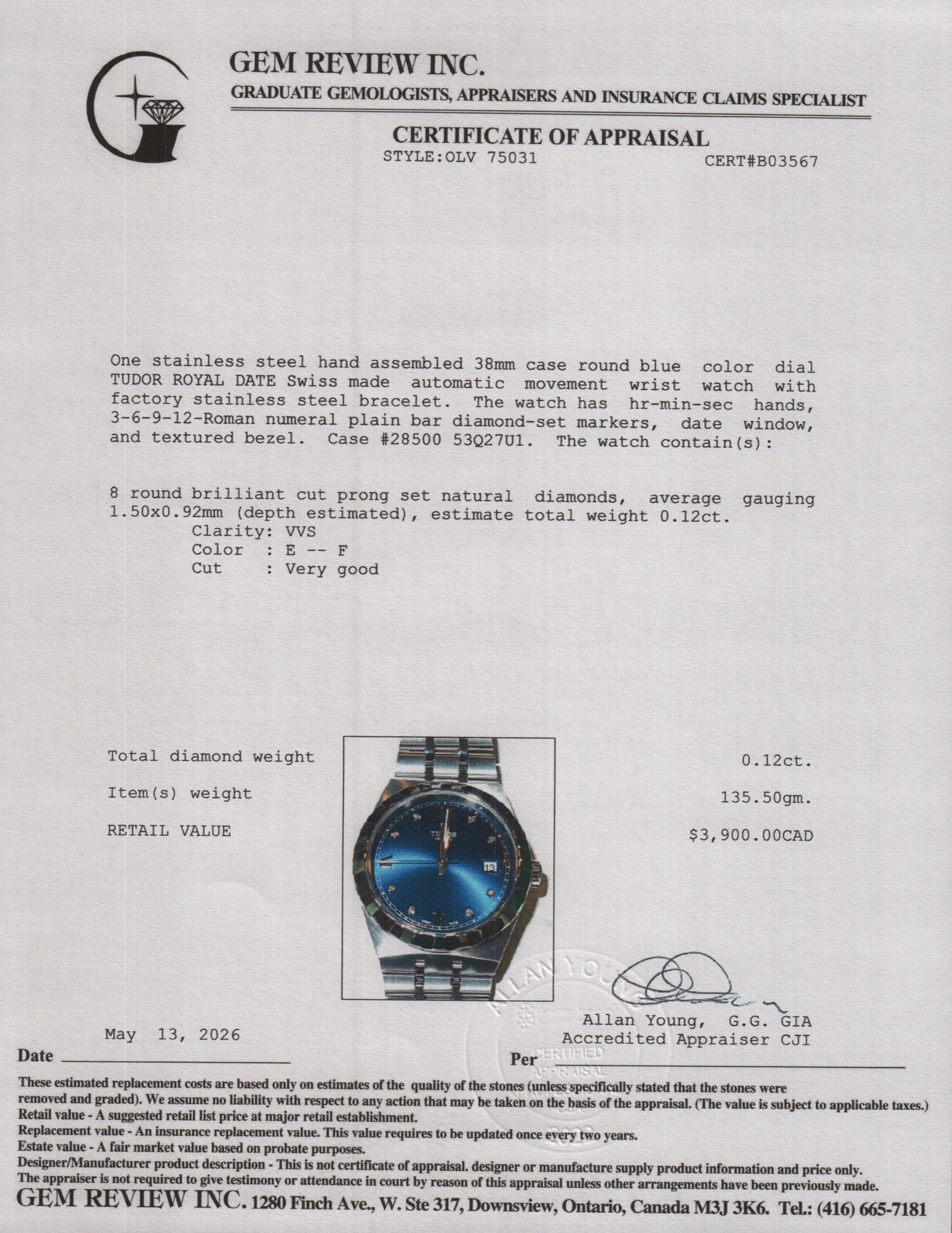 Tudor 2024 Stainless Steel Royal Date 38 MM Automatic Watch Blue Diamond Dial 28500 w/ Box & Papers