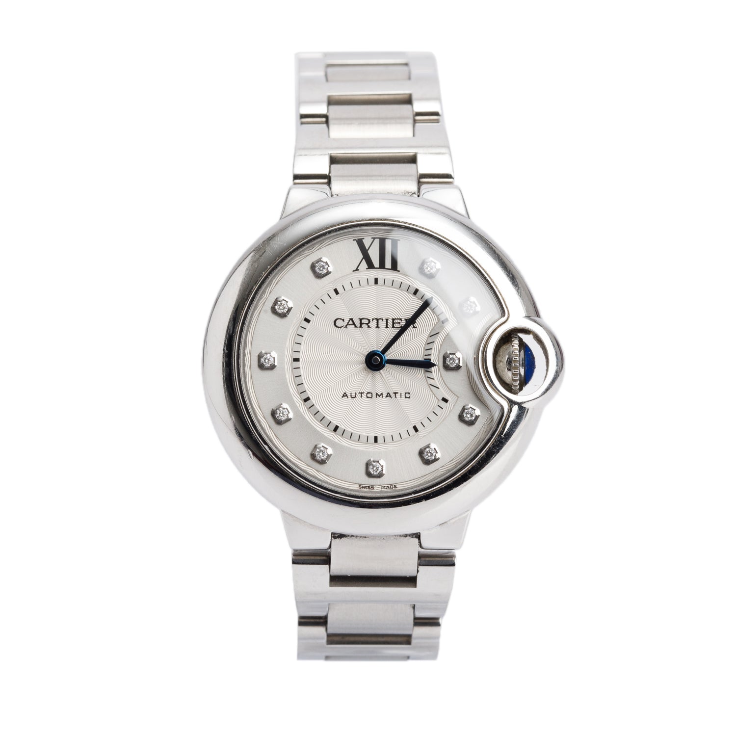 Cartier Stainless Steel Ballon Bleu de Cartier 33 MM Automatic Watch Silver Diamond Dial 3489