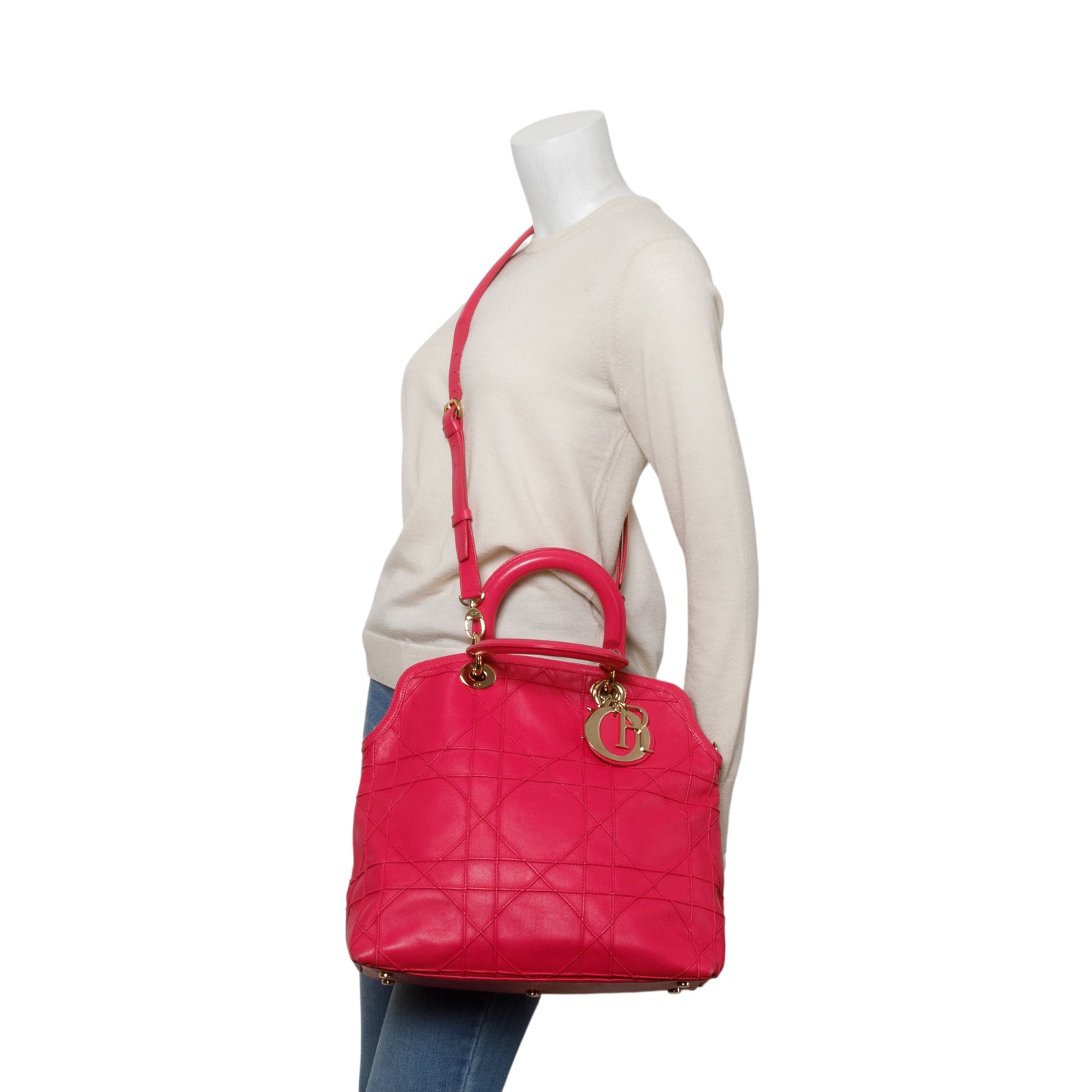 Christian Dior Pink Lambskin Cannage Medium Granville Tote w/ Strap & Authenticity Card