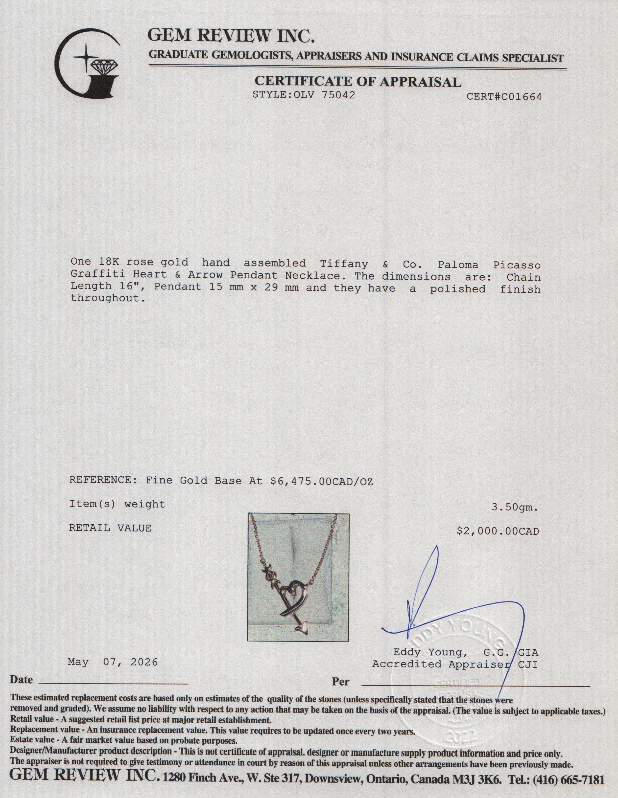 Tiffany & Co. Paloma Picasso 18k Rose Gold Graffiti Heart & Arrow Pendant Necklace w/ Box