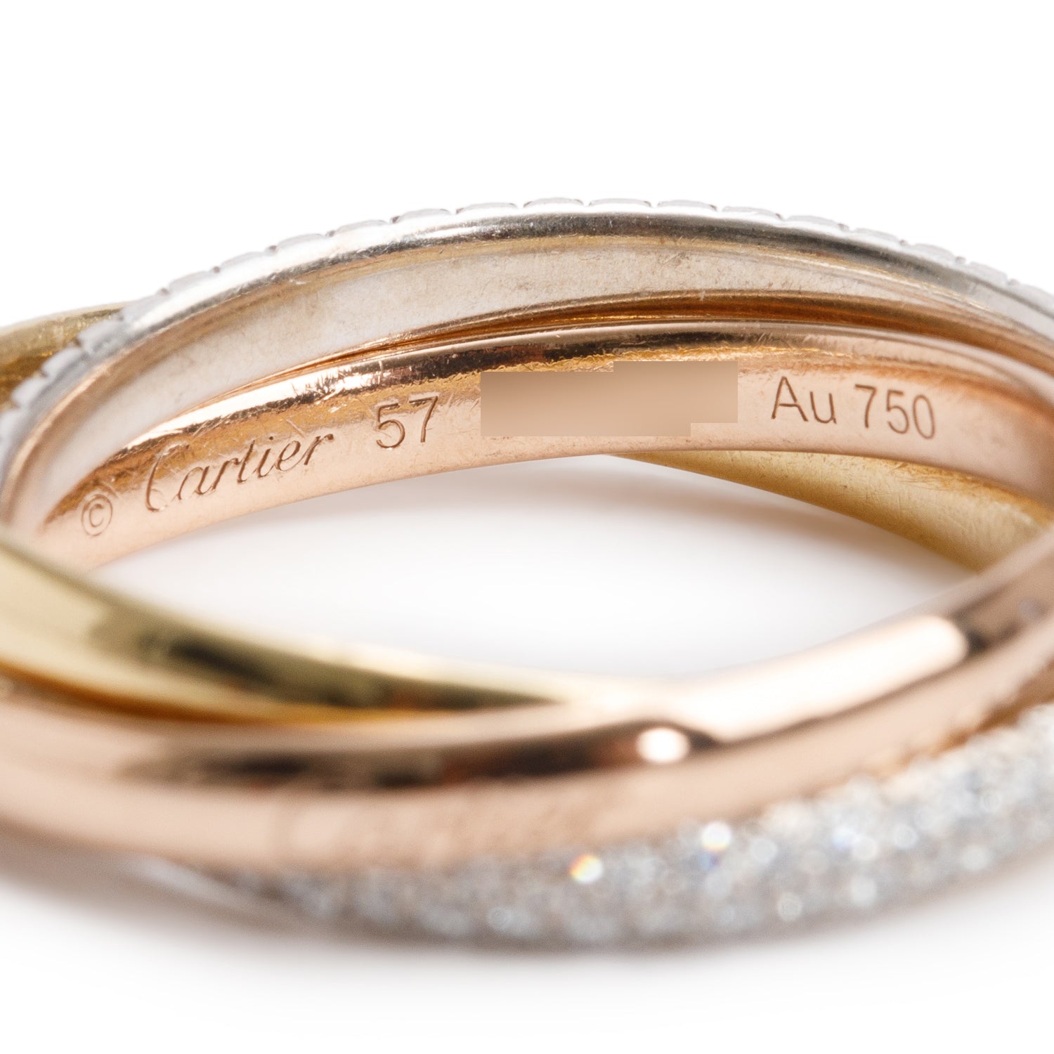 Cartier 2025 18k Yellow, White & Rose Gold Half-Paved Diamond Trinity Rolling Ring, Small Model Size 57 8 w/ Box & Certificate