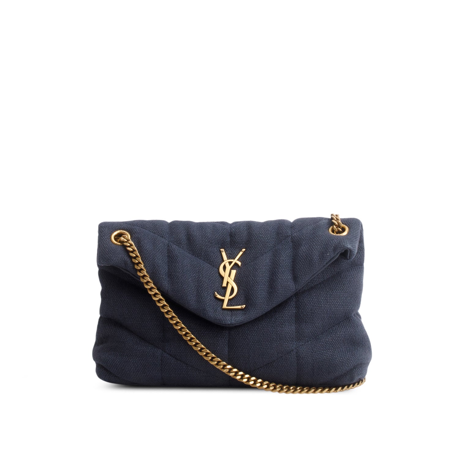 Saint Laurent 2021 Blue Linen Quilted Small Loulou Puffer Monogram Chain Satchel