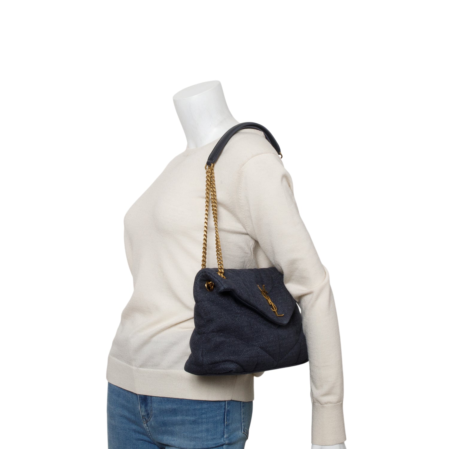 Saint Laurent 2021 Blue Linen Quilted Small Loulou Puffer Monogram Chain Satchel